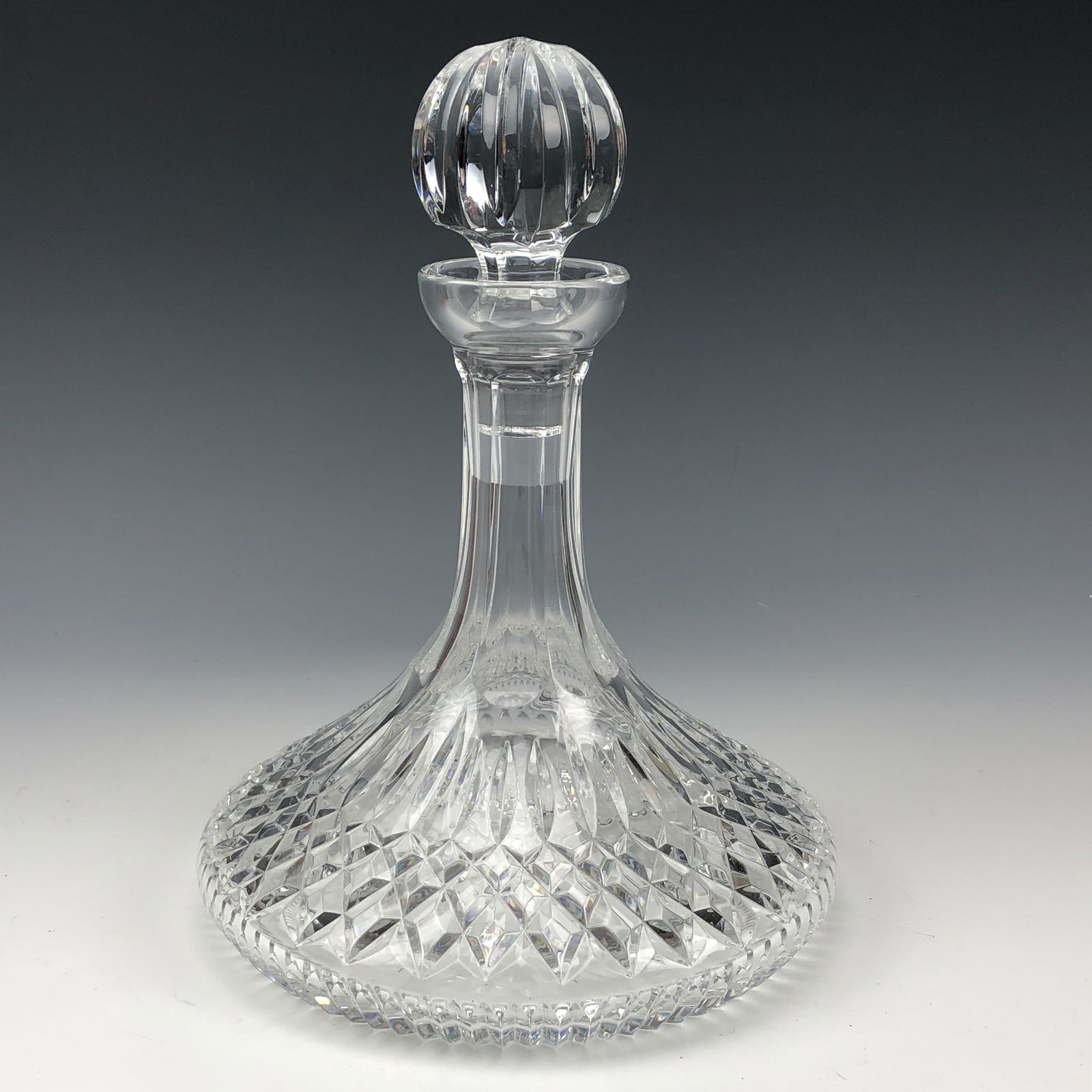 Waterford Crystal Lismore Art Glass Ships Decanter: Signed Waterford Cut Crystal Art Glass Boat Ship's Yacht Bar Barware Alcohol Whiskey Liquor Decanter. Pattern : Lismore. Introduced in 1957. Graced with vertical cuts over a diamond quilted body. Elon
