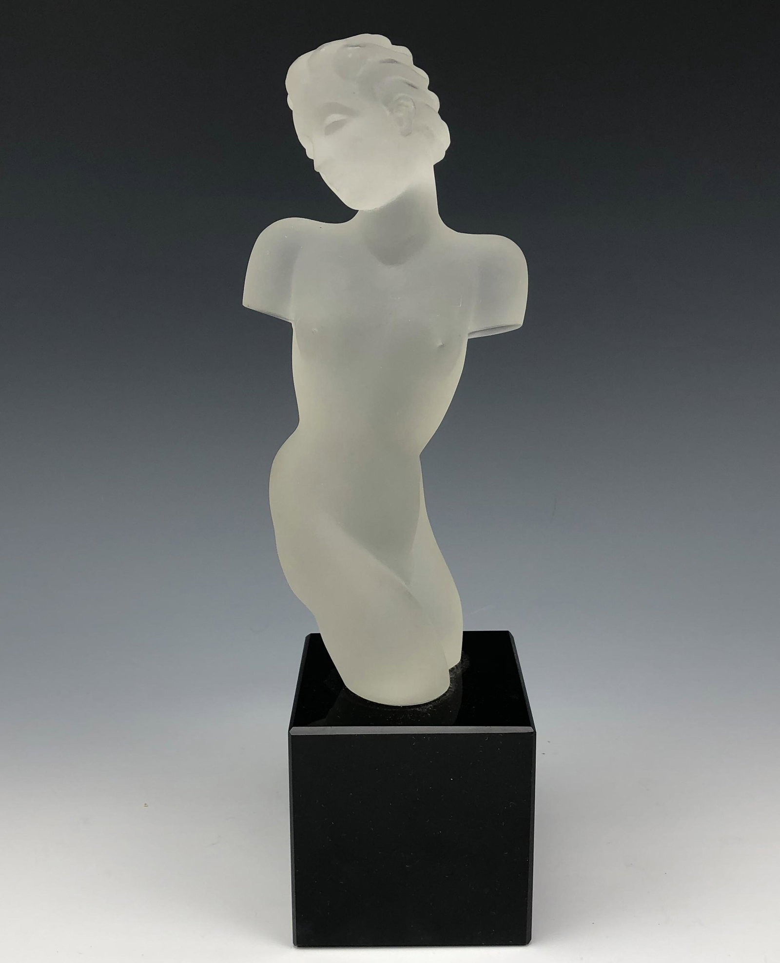 Art Deco Frosted Satin Glass Nude Woman Sculpture: High Quality Bohemian Czech Satin Finish Glass Sculpture. Modeled with a strongly influenced Art Deco approach. Features a slender nude woman with short wavy hair in standing pose. Masterfully mounted