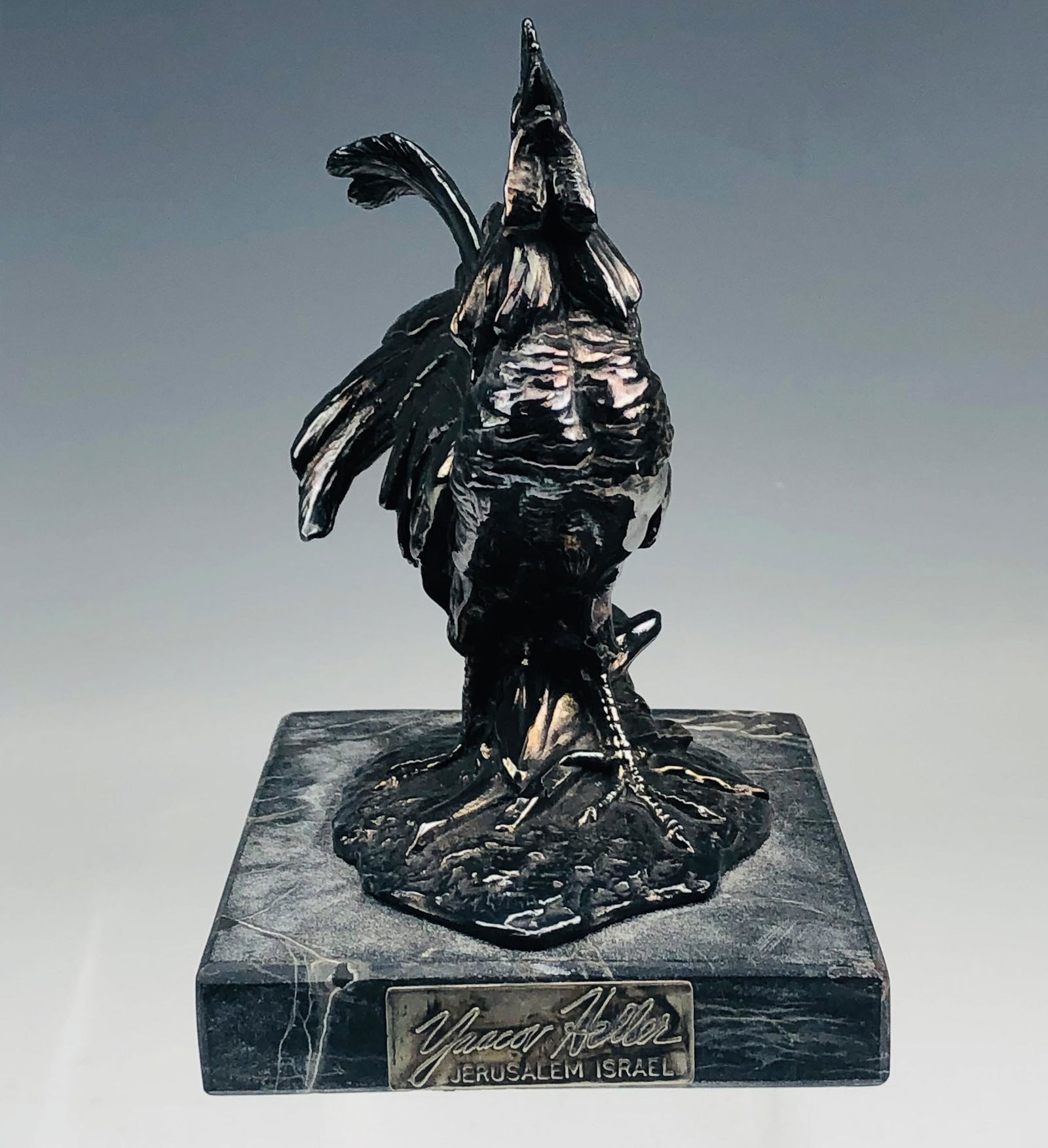 Yaacov Heller Israel Sterling Stone Cock Figurine: Yaacov Heller Jerusalem Israel Sterling Silver 925 Overlay Cock Rooster Bird Sculpture. Nicely modeled. The body is made up of some kind of resin / wax / composition and then layered with sheets of st