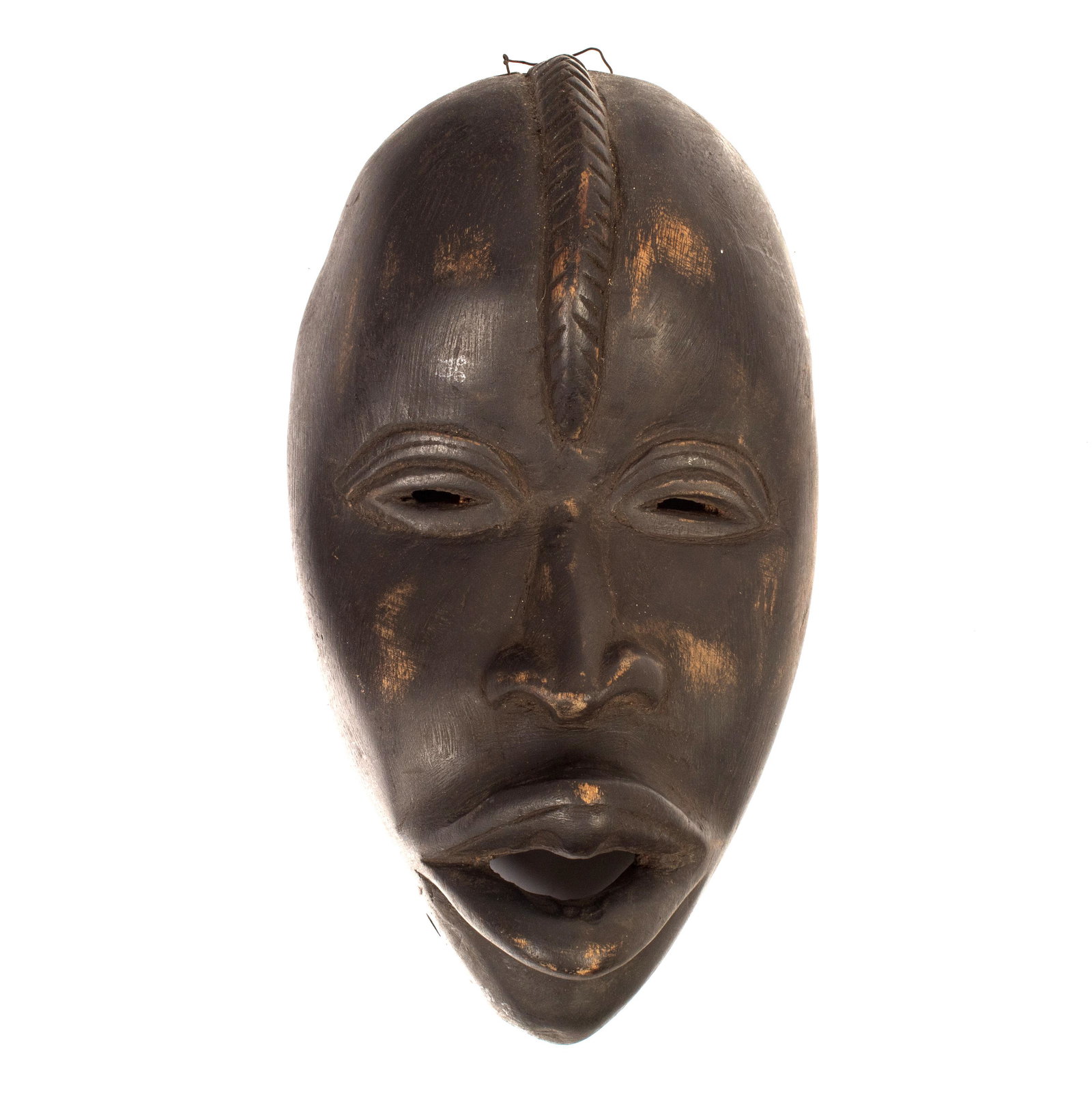 Gabonese Antique Punu Tribal Ancestor Funeral Mask: A large Central African Bantu Punu tribal mask, hand carved and hand painted in naturalistic colors, with central white background. The Punu mask is an idealized female ancestor's face. The white colo