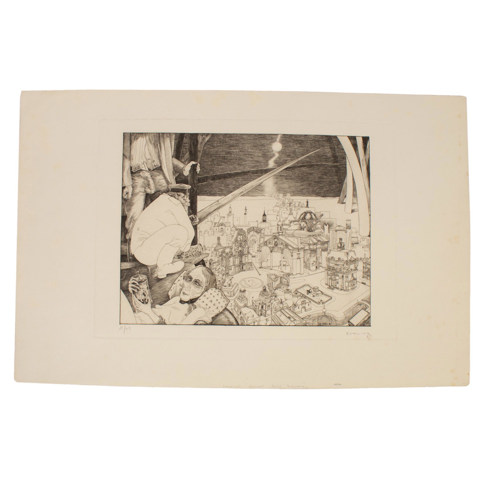 Philippe Mohlitz 1941-2019 LE Surrealist Etching: Philippe Mohlitz (French, 1941-2019). A Limited Edition black and white Surrealist engraved etching on Rives paper. It depicts a Surrealist landscape with whimsically drawn human figures to foreground