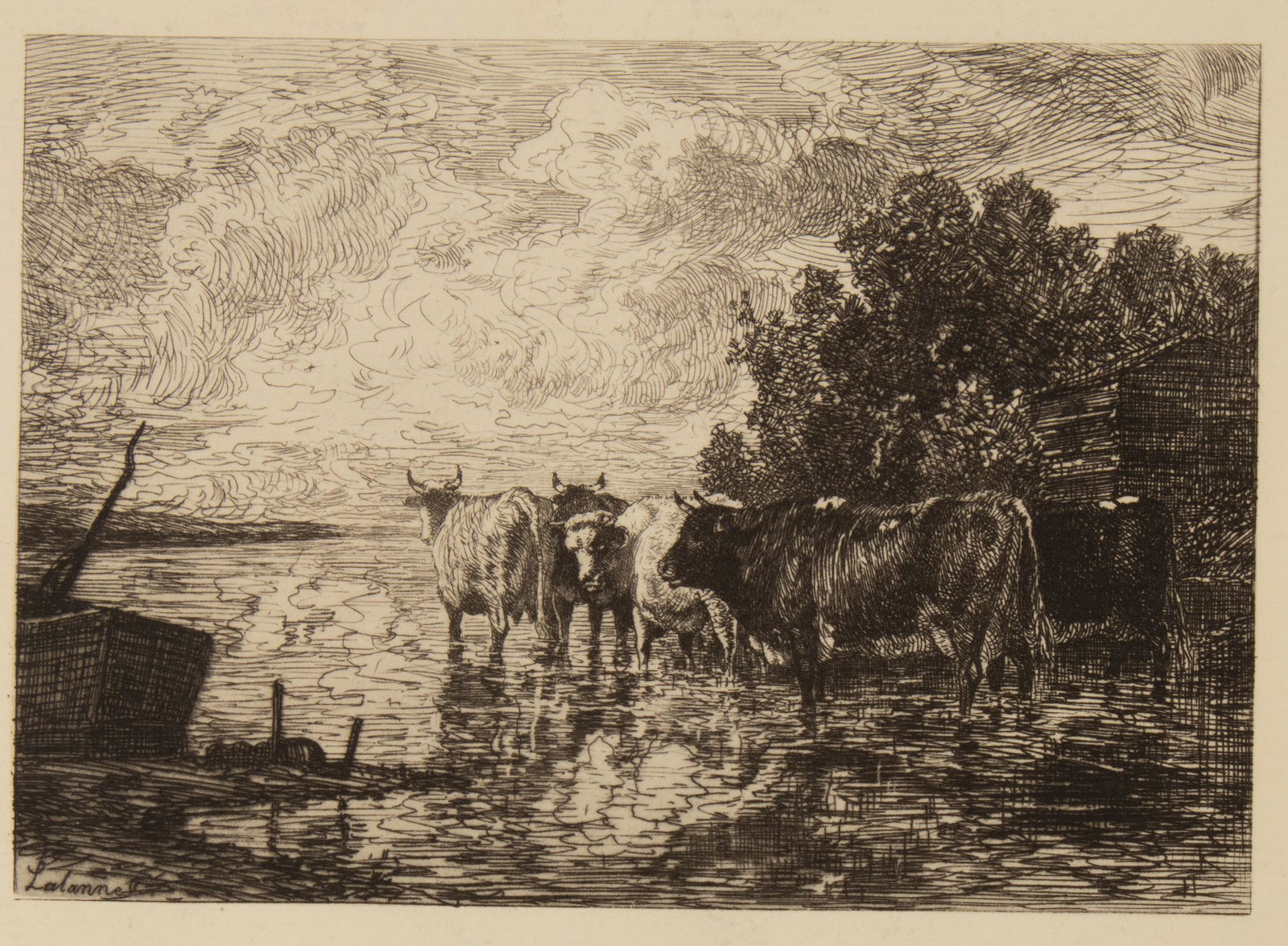 Maxime Lalanne 1827-1886 SIGNED Landscape Etching: Francois Antoine Maxime Lalanne (French, 1827-1886). An original signed 19th Century landscape etching titled titled LE GUE (The Ford), a scene of cattle crossing a river on a cloudy morning, with a b