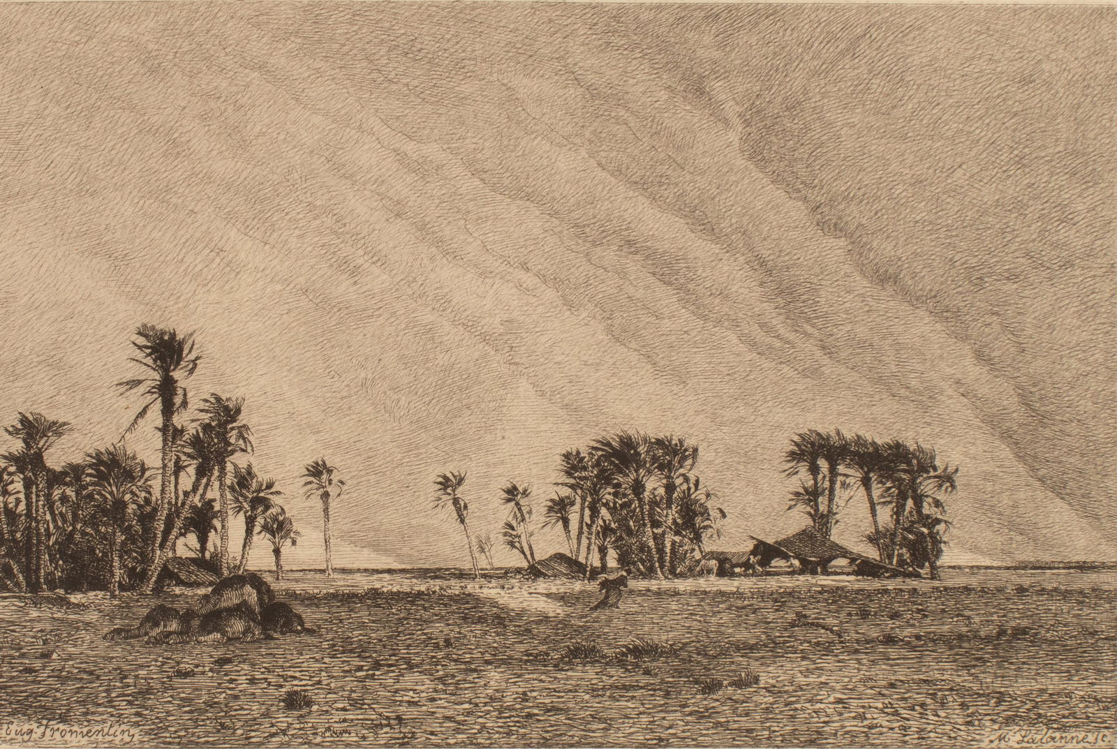 Maxime Lalanne 1827-1886 SIGNED Landscape Etching: Francois Antoine Maxime Lalanne (French, 1827-1886). An original signed 19th Century landscape drypoint etching titled titled LE SIMOUN (The Sandstorm), dated 1878 and inspired by the work of French a
