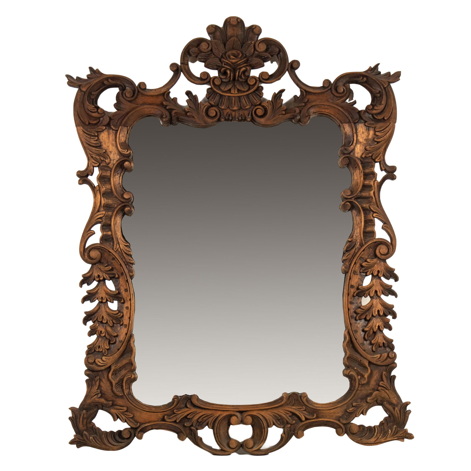 Hand Carved Rose 41" Wooden Hanging Hall Mirror: A large hanging wall mirror with exquisitely carved Victorian Revival style frame, featuring a cluster of roses and other floral forms at the summit, and additional scrolling and floral forms encircli
