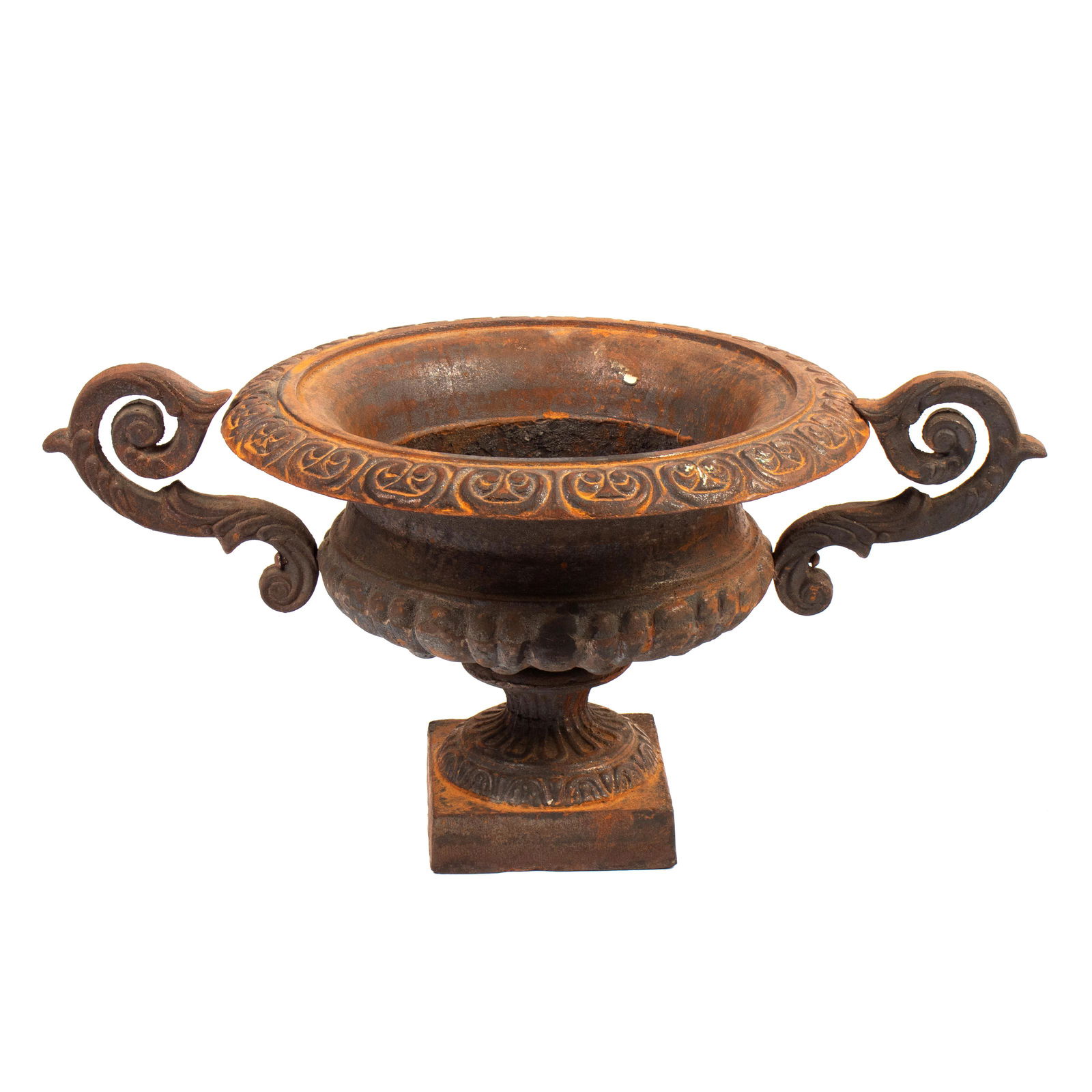 Art Nouveau Antique French 23" Cast Iron Planter: A large two handled French Neoclassical cast iron jardiniere planter urn with classic lines and intricate incised detailing. A heavy piece. Good to fair condition with rust patina, and loosening to bo