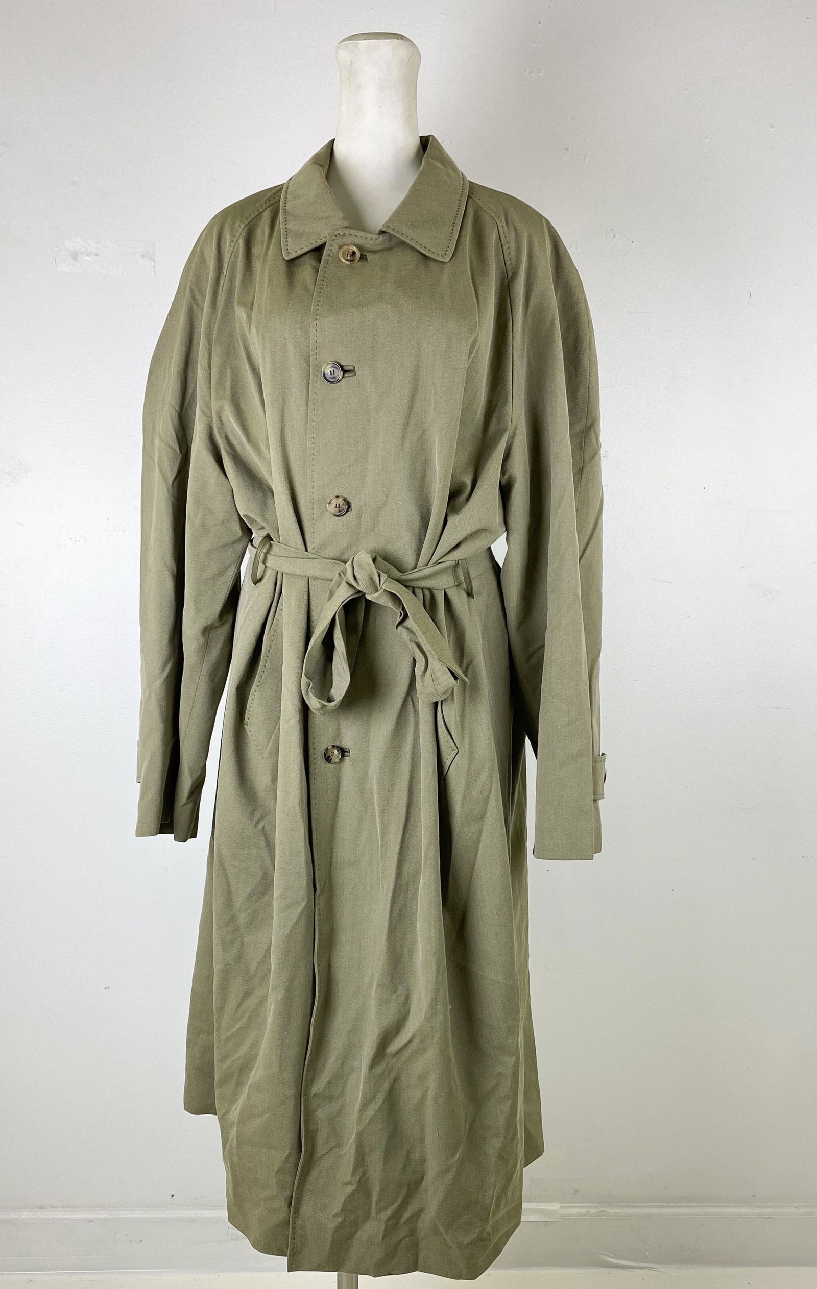 Brioni Italy Cupro Fabric Designer Trench Coat: Cupro Fabric & Leather Men's Designer Trench Coat by Brioni, Italy. Preowned. Signed on the tag Han Tailored in Italy by Brioni for Berdoff Goodman. Good estate fresh condition. Size Large. Measures a