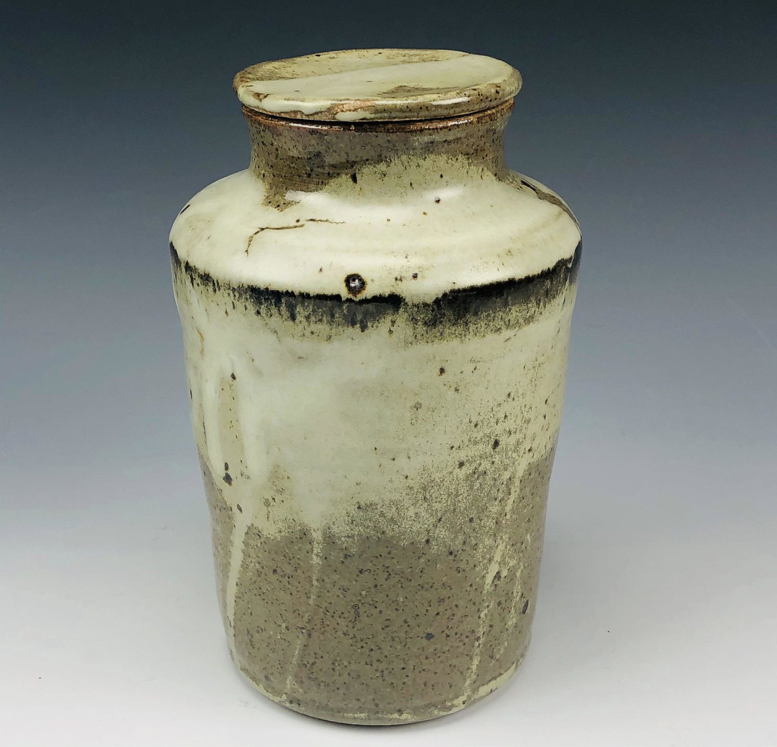 Mystery Artist Salt Glazed Stoneware Lidded Vase: Mystery Maker / Artist Studio Hand Crafted Salt Glaze Stoneware Art Pottery Lidded Vessel. Graced with a distinctive partially peppered and partial solid colored design around. The flat circular lid w