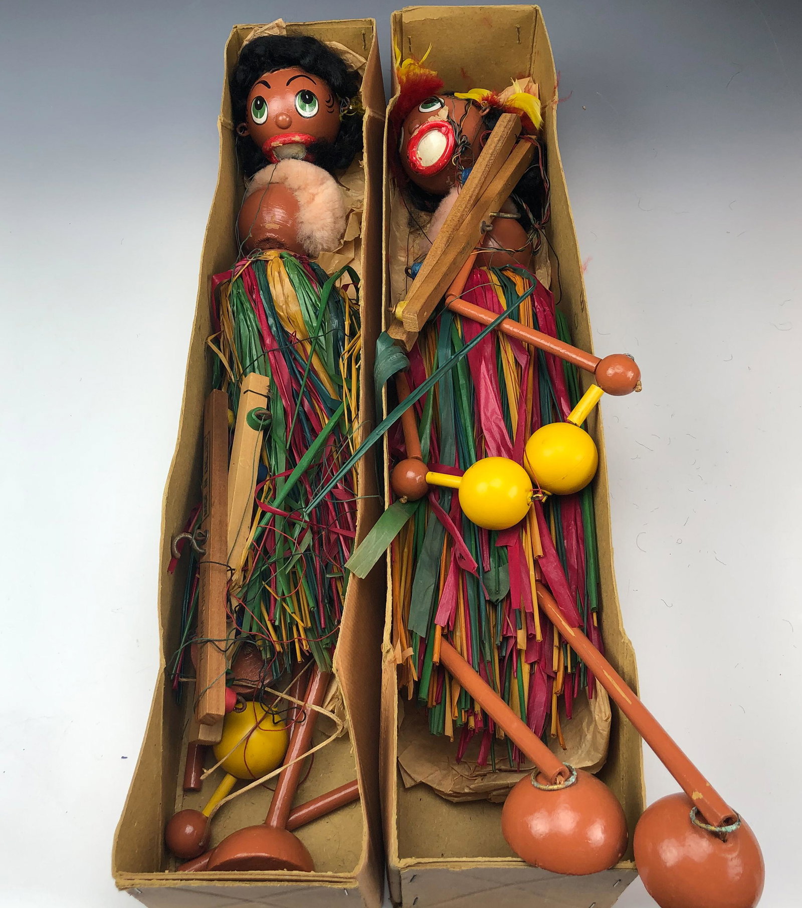 Lot 2 Pelham Lulabelle Hula Dancer Wooden Puppets: Lot 2 Pelham Marlborough Wilts England Wooden Marionette Puppets. Date between 1955 and 1961. Bob Pelham [ 1919 - 1980 ] started the company as Wonky Toy in 1947 and changed it's name to Pelham Puppet