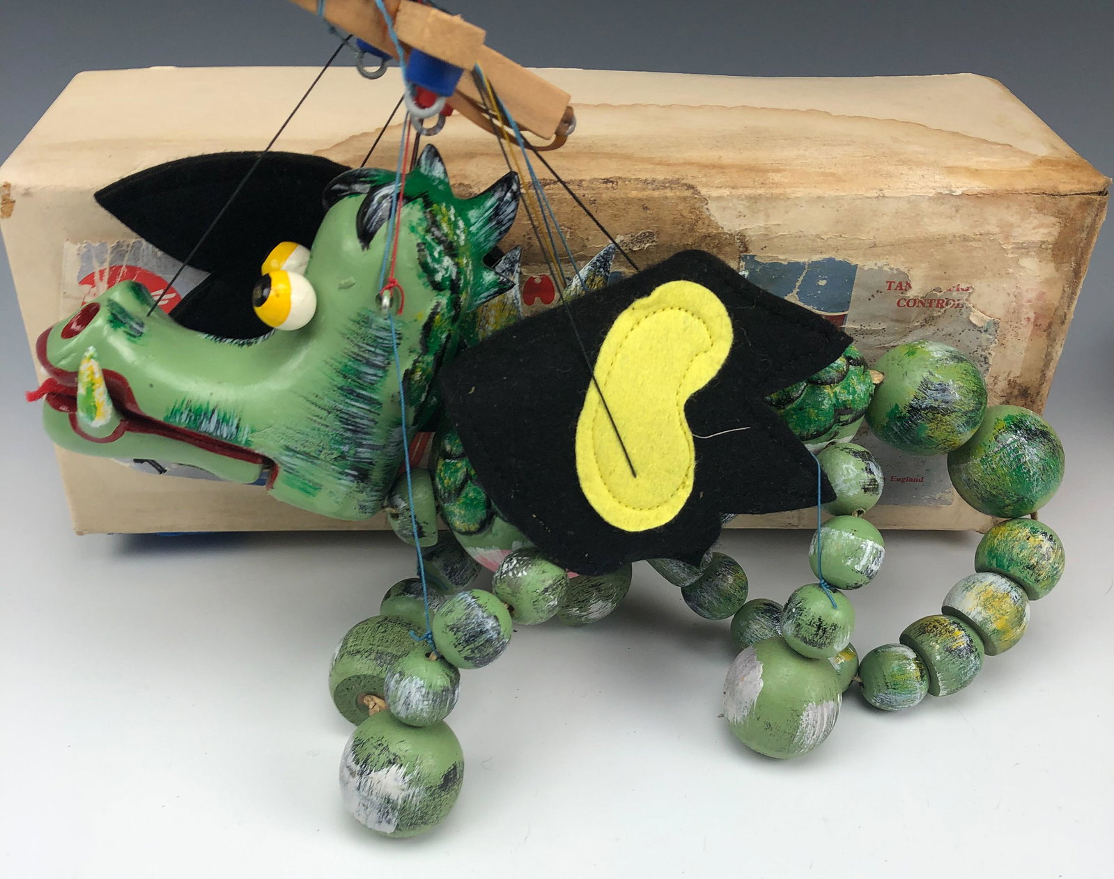 Pelham Marlborough Wilts Mother Dragon Wood Puppet: Pelham Marlborough Wilts England Mother Dragon Wooden Marionette Puppet. Dates between 1955 and 1961. Bob Pelham [ 1919 - 1980 ] started the company as Wonky Toy in 1947 and changed it's name to Pelha
