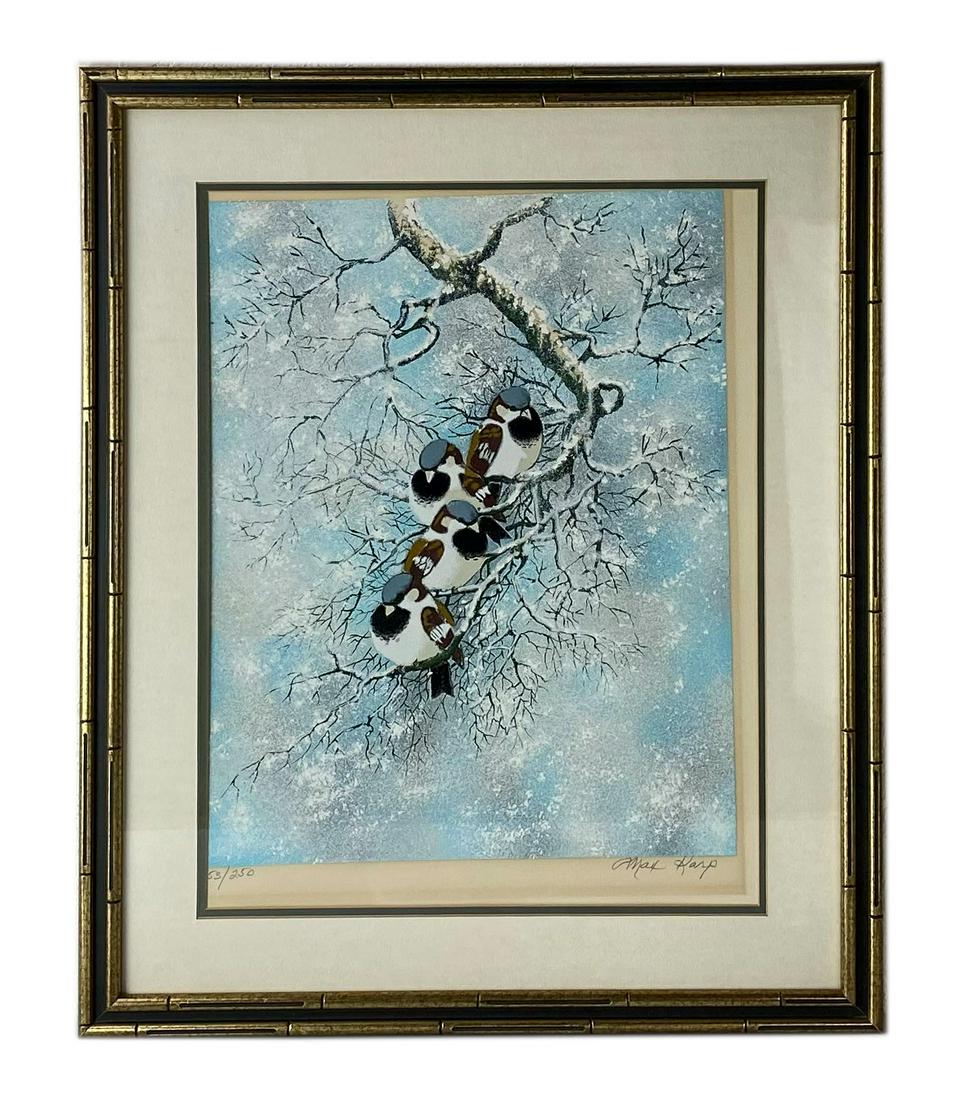 Max Karp Chickadees in Winter LE Color Serigraph: Max Karp ( 1916 - 1999 ) USA Pencil Signed Limited Edition Colored Serigraph. Signed lower left and lower right. Estate fresh condition. Work needs to be straightened out. Frame measures approximately