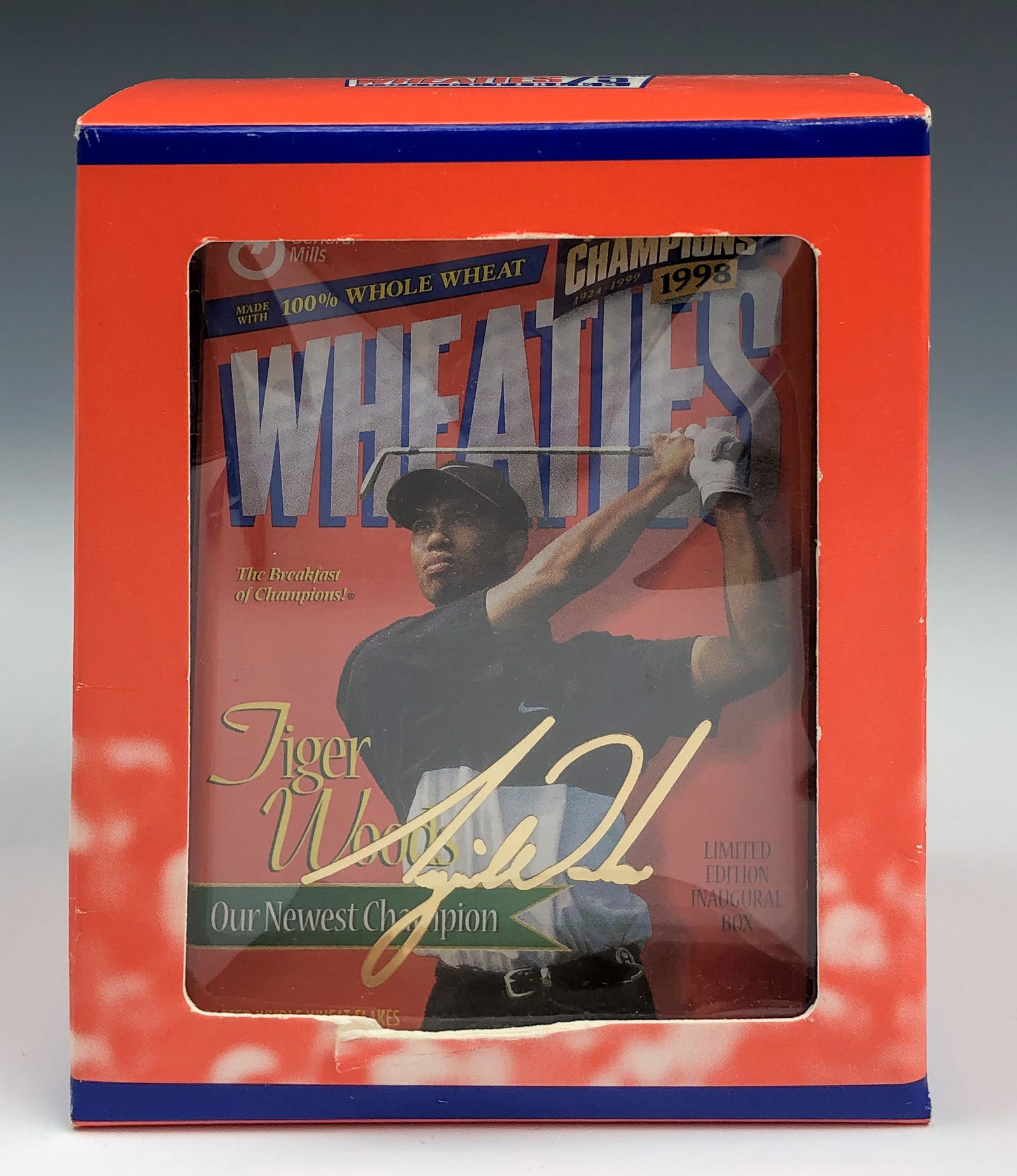 Tiger Woods Sealed Wheaties Box 24K Gold Signature: SEALED Acrylic Box of Mini Wheaties with Tiger Woods Signature in 24K Gold. Accompanied by it's COA. Signed as shown in the picture. Good estate fresh condition. Signed as shown in the picture. Estate