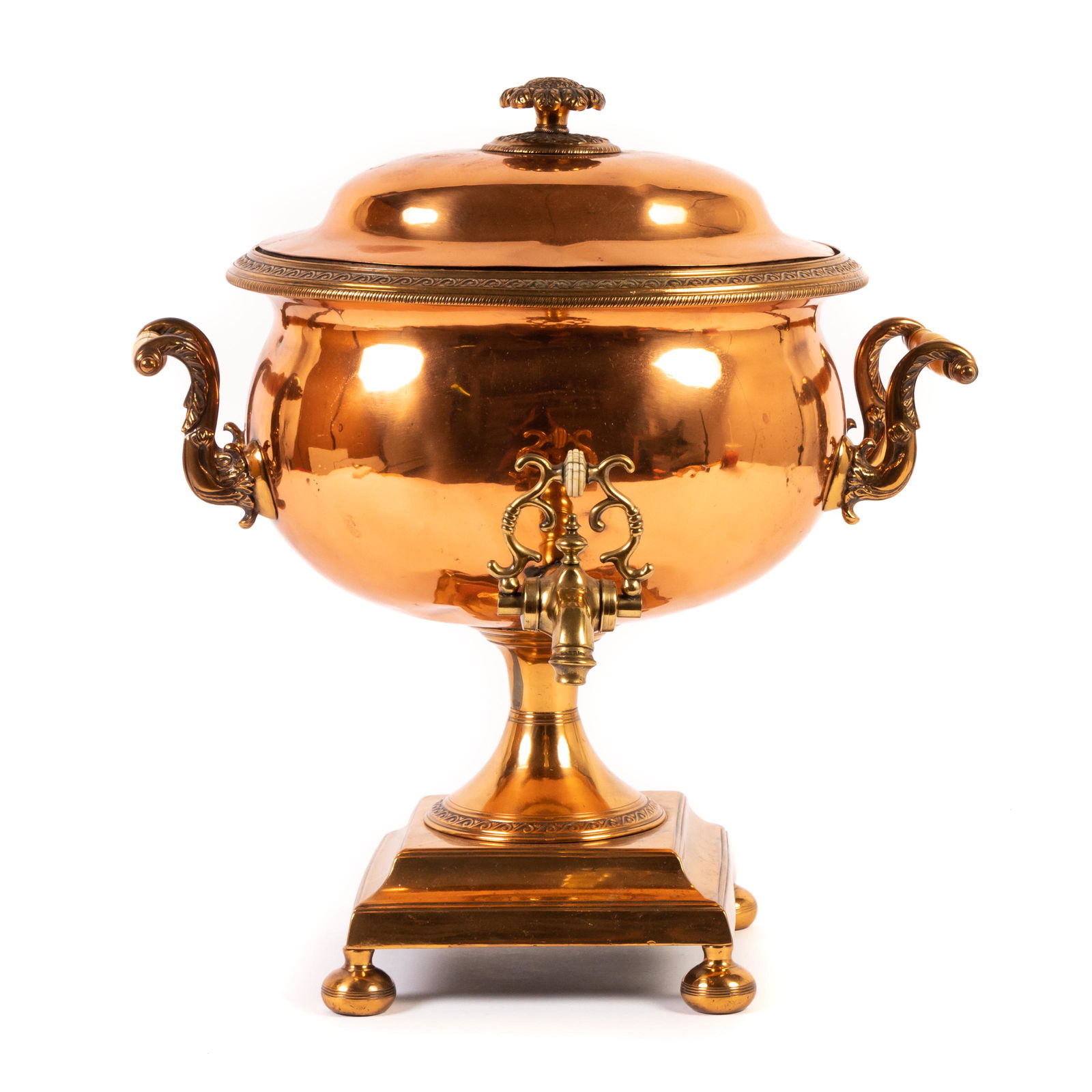 Art Deco Brass and Bone Handled Coffee Urn Samovar: European antique lidded Neoclassical Art Deco four footed coffee urn samovar, with bone handles to sides and pouring spout. Interior pipe sealed, for decorative purposes only. Good overall condition w