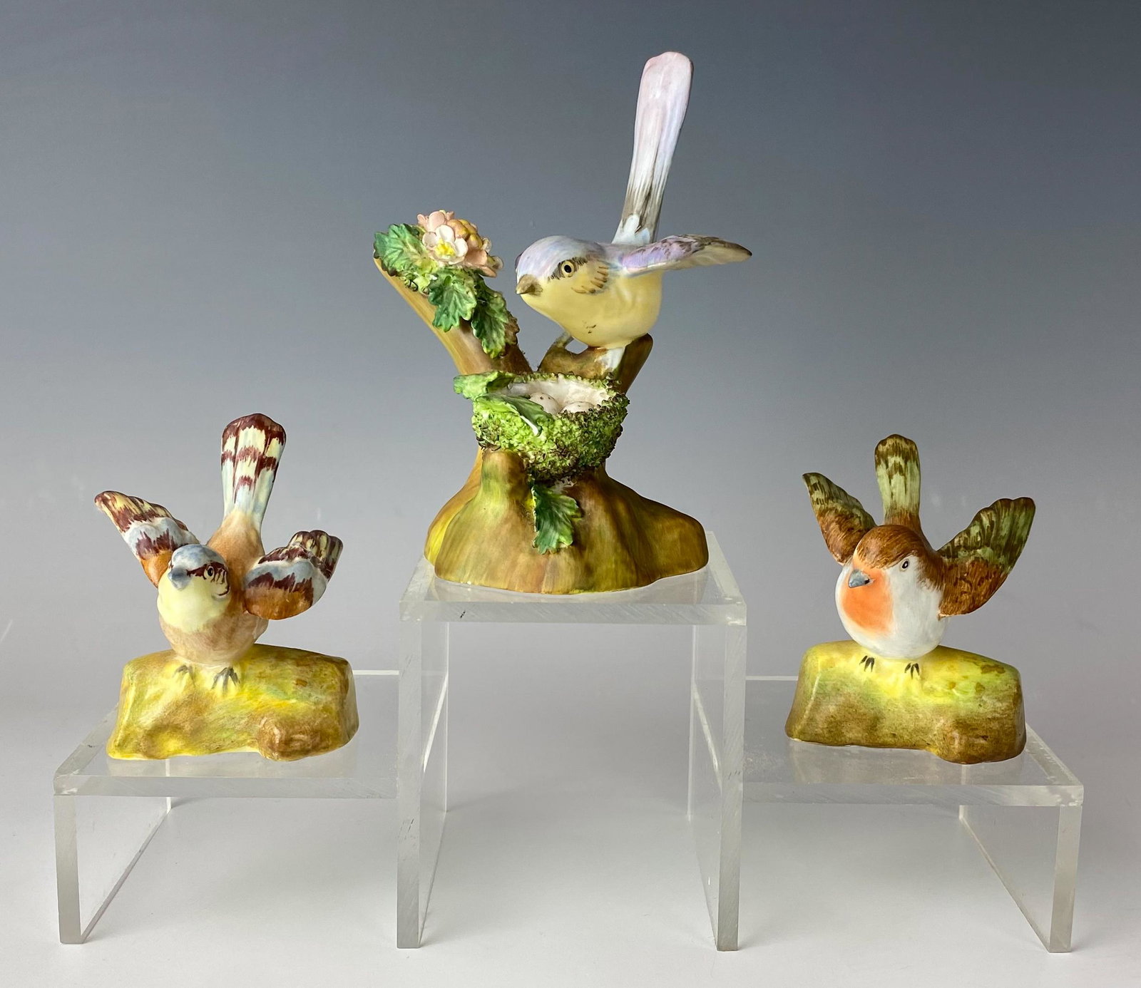 Lot 3 Crown Staffordshire Porcelain Bird Figurines: Features 3 Wren / Finch ? porcelain / bone china bird figurines all designed and modeled by Jack T. Jones [ 1898-1958 ] Art Director at Crown Staffordshire for over 30 years ]. All with warm hand pain