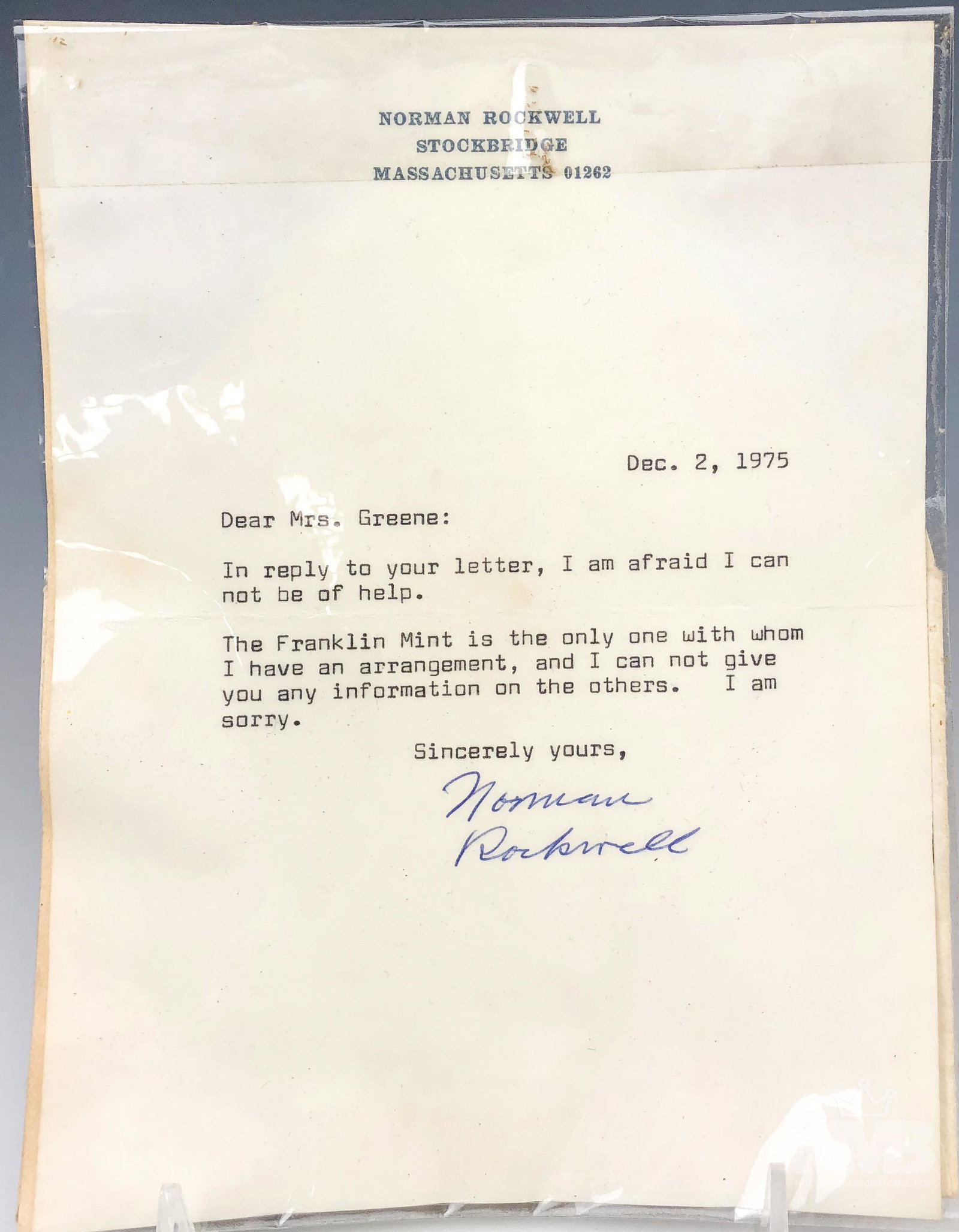 Norman Rockwell Signed Hand Written 1975 Letter (1 of 3)