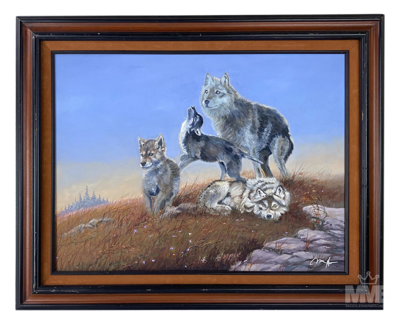 20th Century Signed Wildlife Wolves Oil Painting (1 of 6)