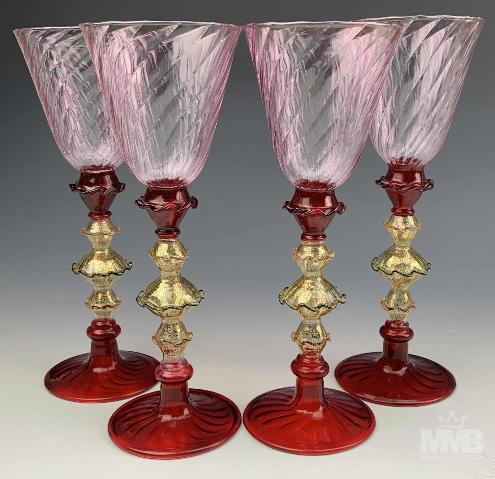 4 Murano Salviati Ruby Red Gold Dust Glass Goblets (1 of 5)