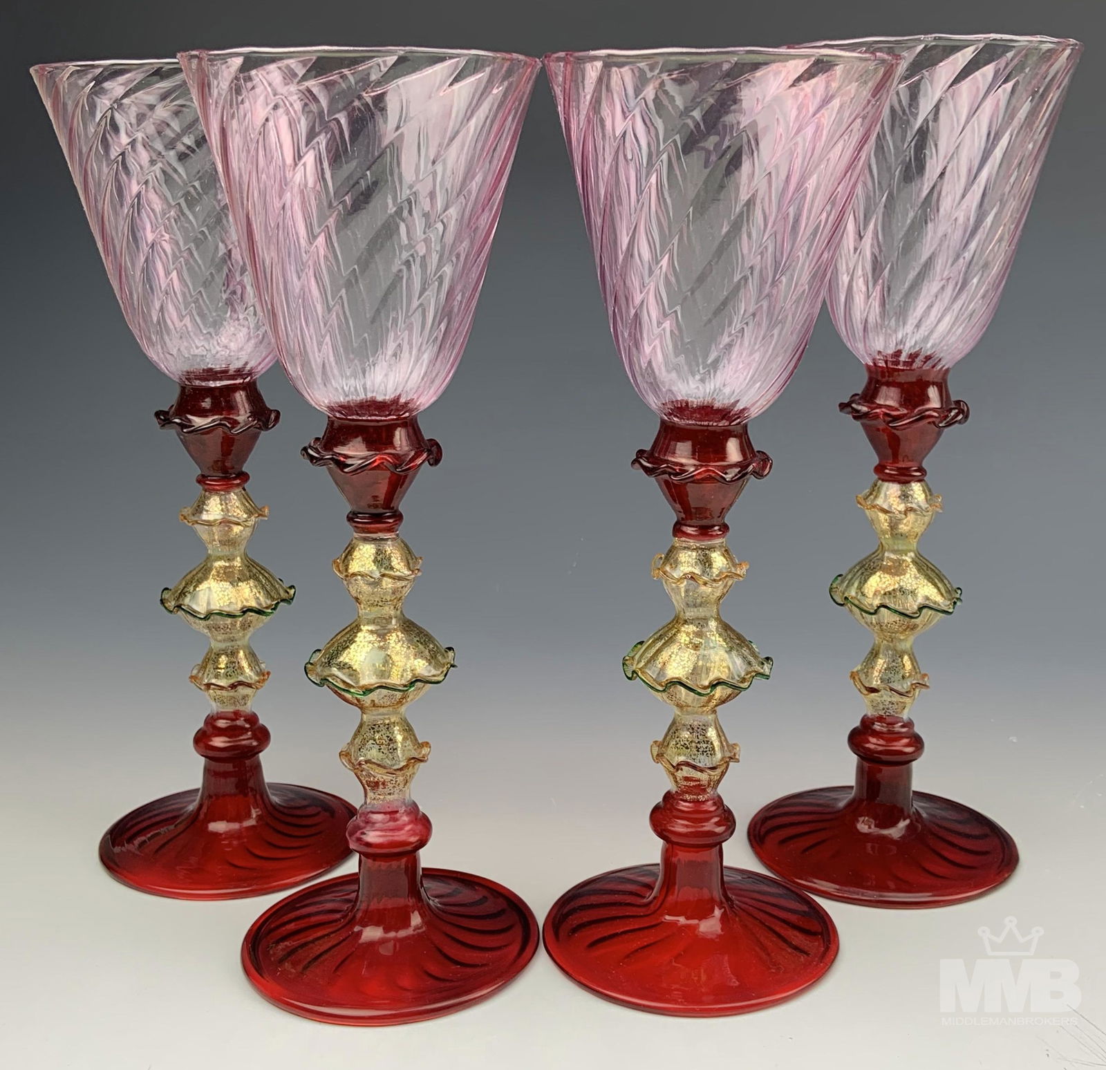 4 Murano Salviati Ruby Red Gold Dust Glass Goblets (1 of 5)