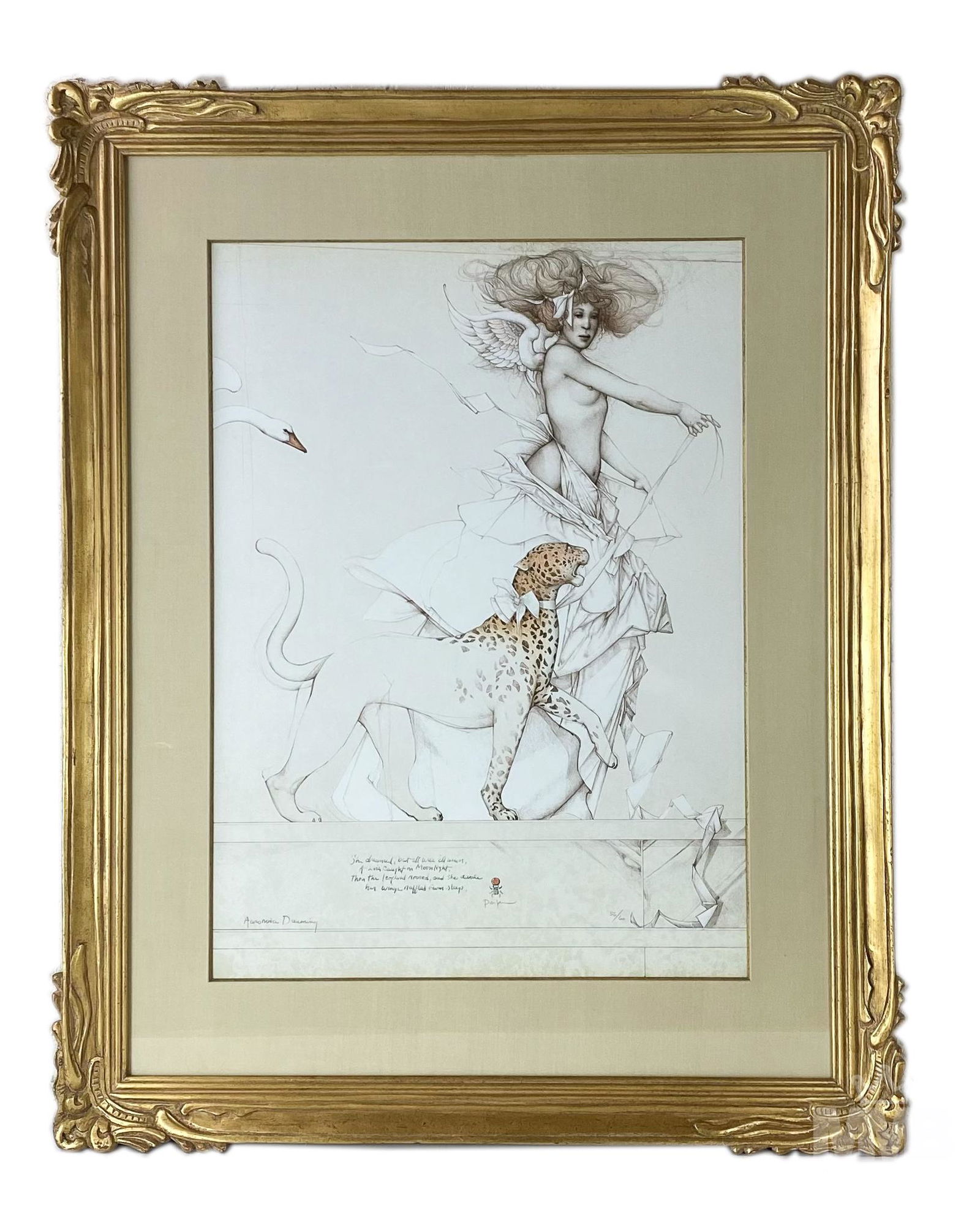 Michael Parkes b1944 LE Magical Realism Lithograph: Michael Parkes (American, born 1944). Limited Edition Magical Realism fantasy lithograph. Depicts a semi-nude angel woman walking a tiger. Signed lower center with Limited Edition number 56/60 to lowe