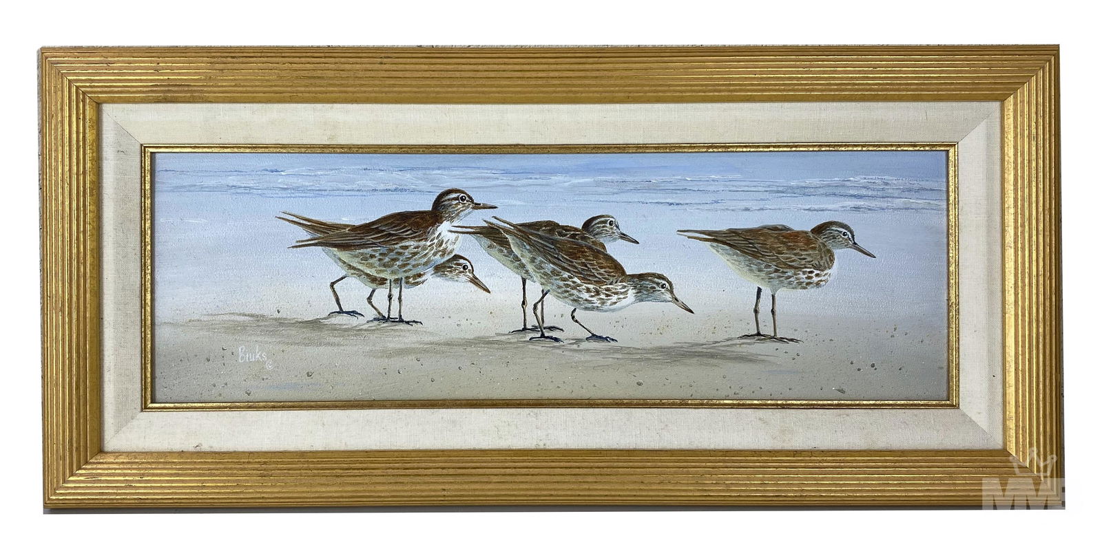 Biuks Signed Seascape Sandpiper Birds Oil Painting (1 of 4)