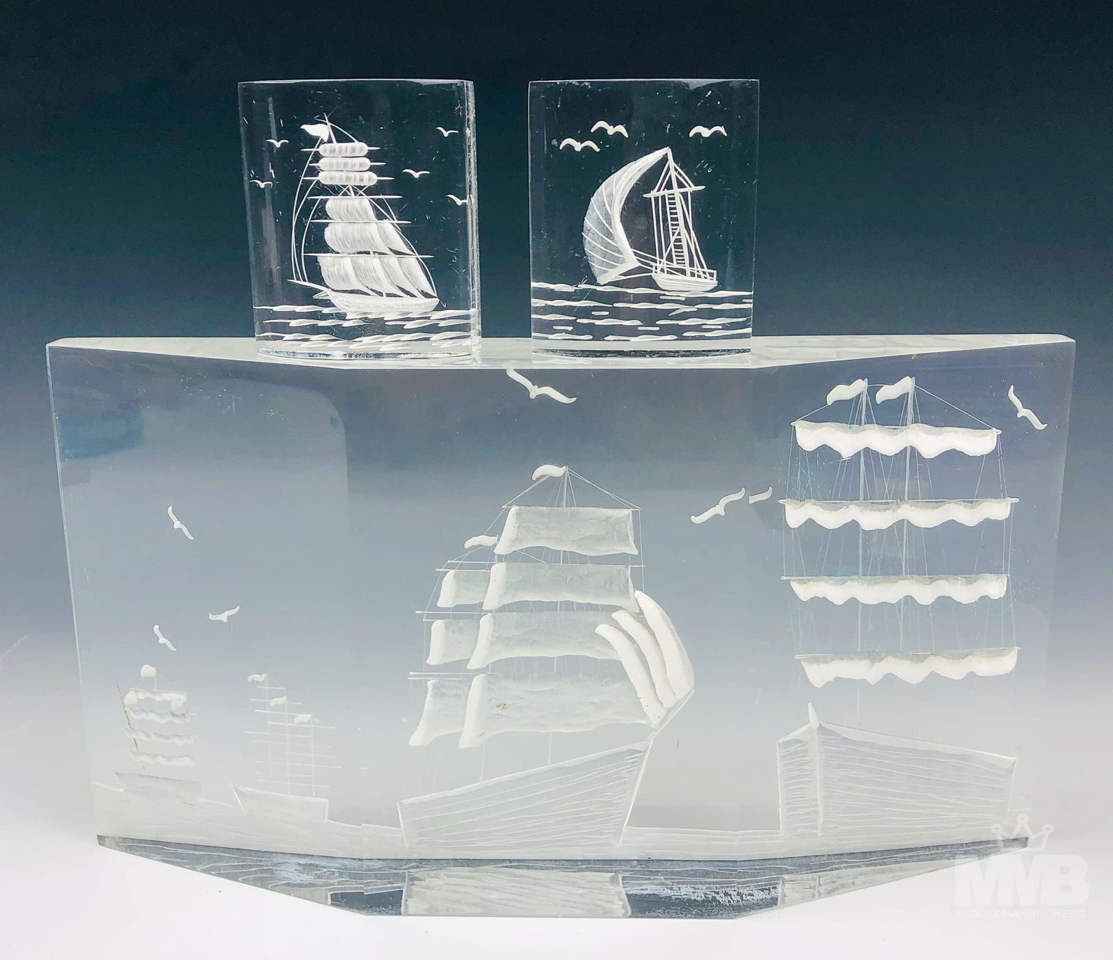 Michael Cox Etched Sailboat Lucite Sculpture Group (1 of 9)
