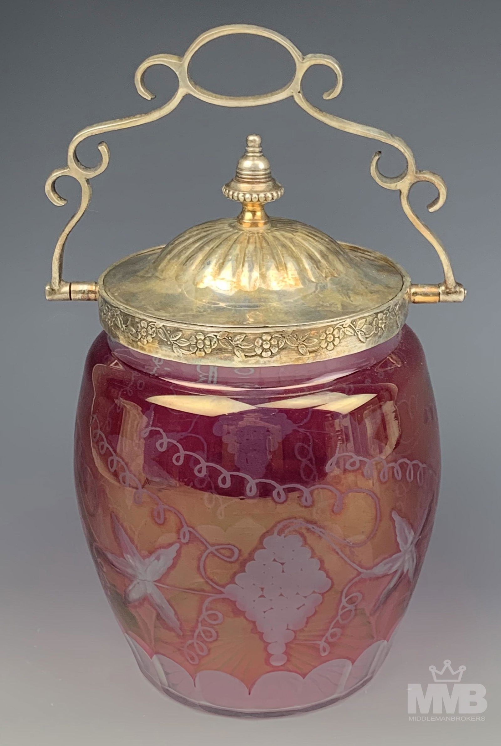 Cranberry Etched Glass Antique Cookie Biscuit Jar (1 of 5)