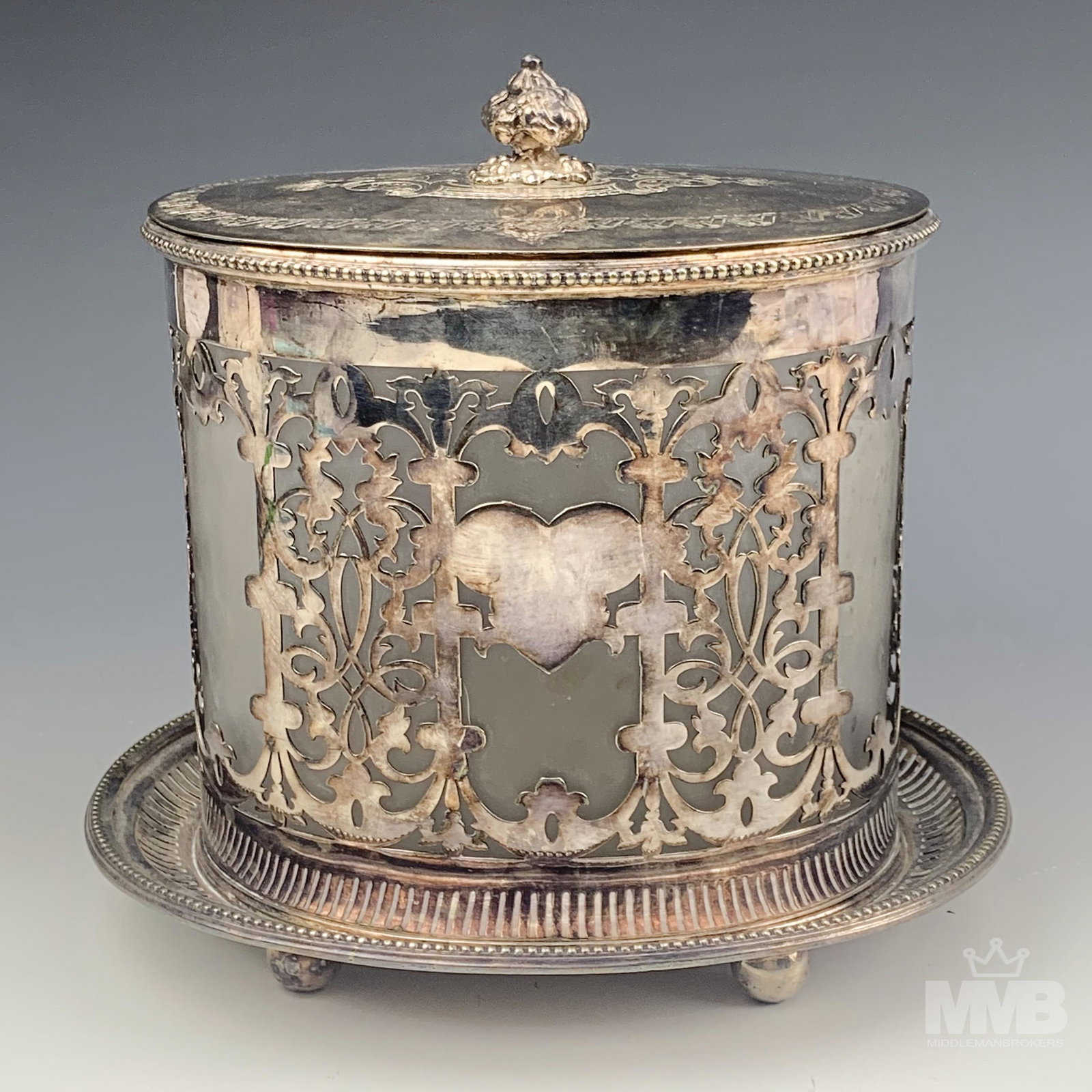 Pierced Silver Plate Glass Antique Biscuit Barrel (1 of 4)