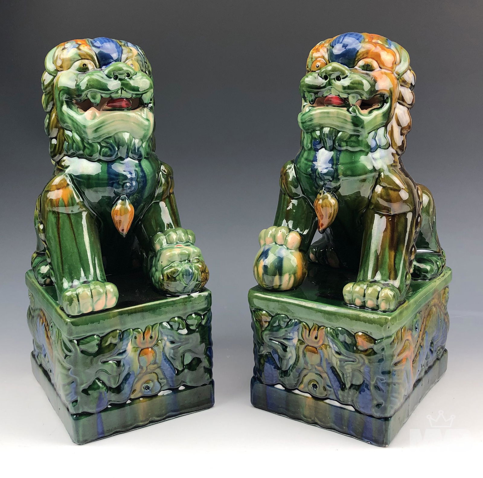 Chinese 20C. Pair Glazed Porcelain Foo Dog Statues (1 of 6)