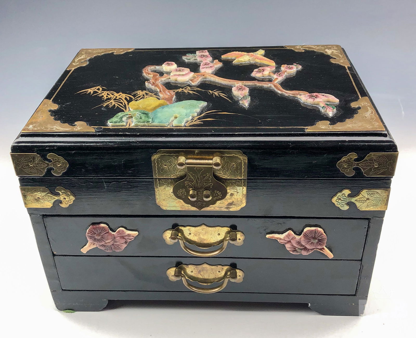 Chinese 12" Lacquered Wood Brass Jewelry Box Chest (1 of 8)