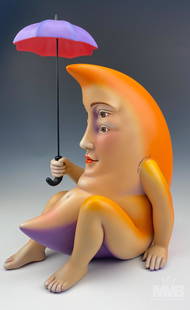 Sergio Bustamante (Mexican, b.1949) Luna Moon Sculpture: Sergio Bustamante (New Mexico / Mexico, Holland, Born 1949) Titled: Luna Sombrilla, Orange moon with purple bottom is sitting with bent legs, four eyes, nose and mouth. Moon is sitting with one hand