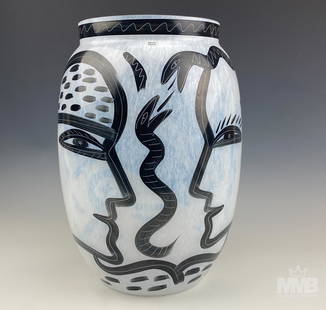 Kosta Boda Ulrica Hydman Vallien Mid Century Vase: Kosta Boda (Swedish). Oversized signed art glass Caramba vase from designed by Ulrica Hydman Vallien (1938-2018). Painted faces, serpents, flora, fish, and other decorative elements against a white