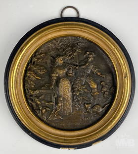 Antique Bronze Victorian Romantic Revival Plaque: Antique Victorian Romantic Revival German Bronze Plaque. Subject matter features young lovers in a courting scene, in a wooded setting with a cat to the right side. Work executed in raised high