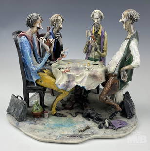 Toni Moretto Lo Scricciolo Poker Card Game Pottery: Toni Moretto handcrafted art pottery. The sculpture is of four men sitting around a table playing a card game. Measures approximately 11 in. x 11 in. x 8 in. Good fair condition with losses to top of