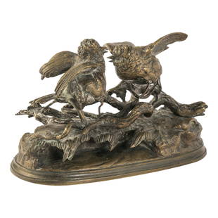Jules Moigniez (1835-1894) French Bronze Sculpture: Jules Moigniez (French,1835-1894) Bronze sculpture of two fighting song birds on branch. Artist signature on the base. Good condition with natural patina and wear. Measures 5.5 in. x 8.5 in x 4 in.