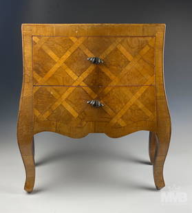Antique Italian Olivewood Bombe Nightstand Chest: Bombe miniature nightstand. Made of Italian olivewood with two chest drawers and bronze shell handles. Good overall condition with mild storage wear. Measures approximately 19 in. x 16 in. x 10 in.