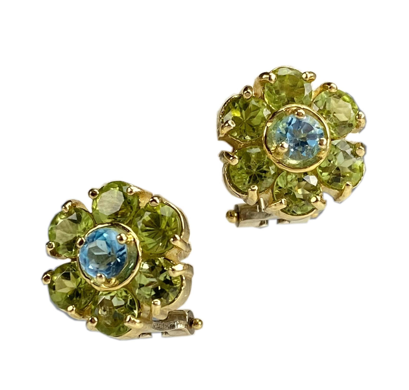 Italian 18K Gold Peridot Topaz Flower Earrings: 18 Karat Yellow Gold Green Peridot and Blue Topaz Flower Earrings. Omega clip back. Stamped, 18K JGJ Italy. Presented in red jewelry box. Good condition, having normal wear. Measures .25 in. x 1.25 in
