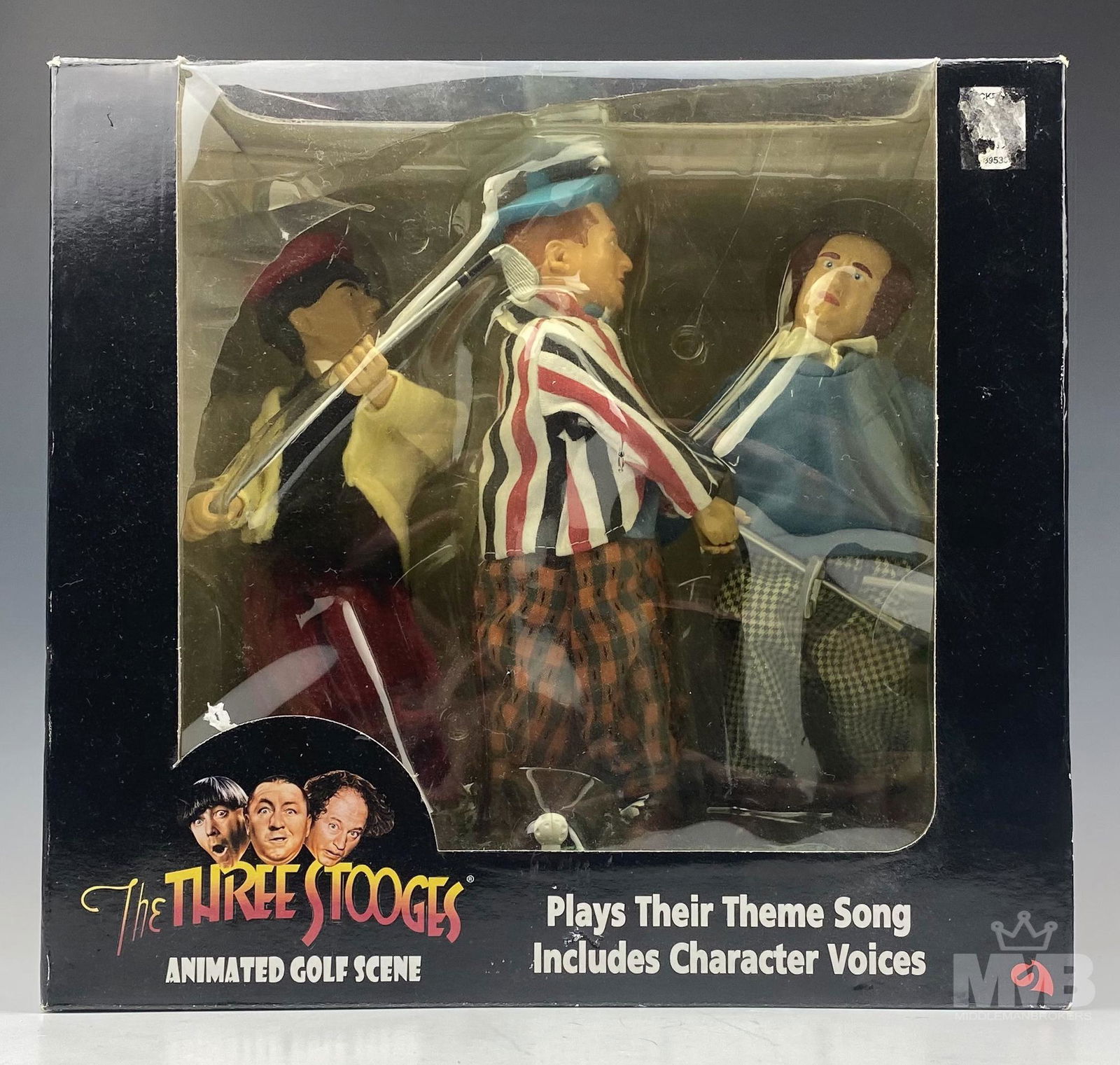 The Three Stooges Animated Golf Scene With Box: The Three Stooges animated golf scene in factory box. Depicts the three stooges playing golf. Plays there theme song and includes original character voices. Manufactured in 1992 by Gemmy Industries co