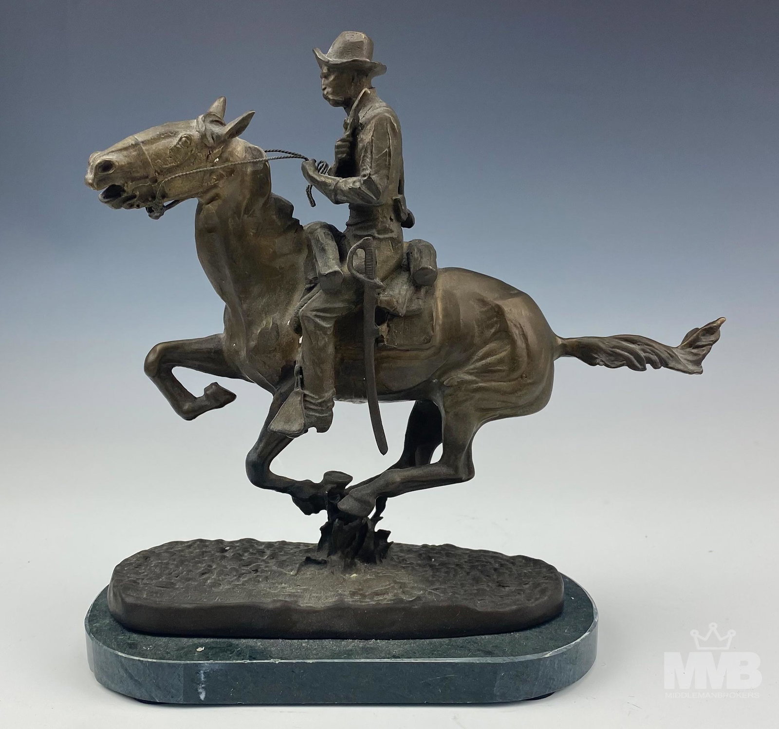 Bronze Cowboy on Horse Sculpture after F Remington: Bronze signed horse sculpture after Frederic Remington ( American, 1861-1909). Good overall condition with normal storage wear. Measures approximately 10 in. x 8 1/2 in. x 4 1/2 in. MMB in house USA c