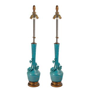 Murano Italian Mid Century Art Glass Flower Lamps: Fabulous pair of mid-century Hollywood Regency Murano art glass lamps in the style of Marbro Lamp Company. Robins egg blue Murano glass with with gold dust swirl inclusions. Mounted to bronzed metal b