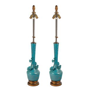 Murano Italian Mid Century Art Glass Flower Lamps: Fabulous pair of mid-century Hollywood Regency Murano art glass lamps in the style of Marbro Lamp Company. Robins egg blue Murano glass with with gold dust swirl inclusions. Mounted to bronzed metal