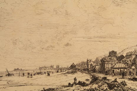 Maxime Lalanne 1827-1886 SIGNED Landscape Etching: Francois Antoine Maxime Lalanne (French, 1827-1886). An original signed 19th Century landscape etching titled BEUZEVAL, depicting a stretch of the Normandy coast in northeastern France with human figu