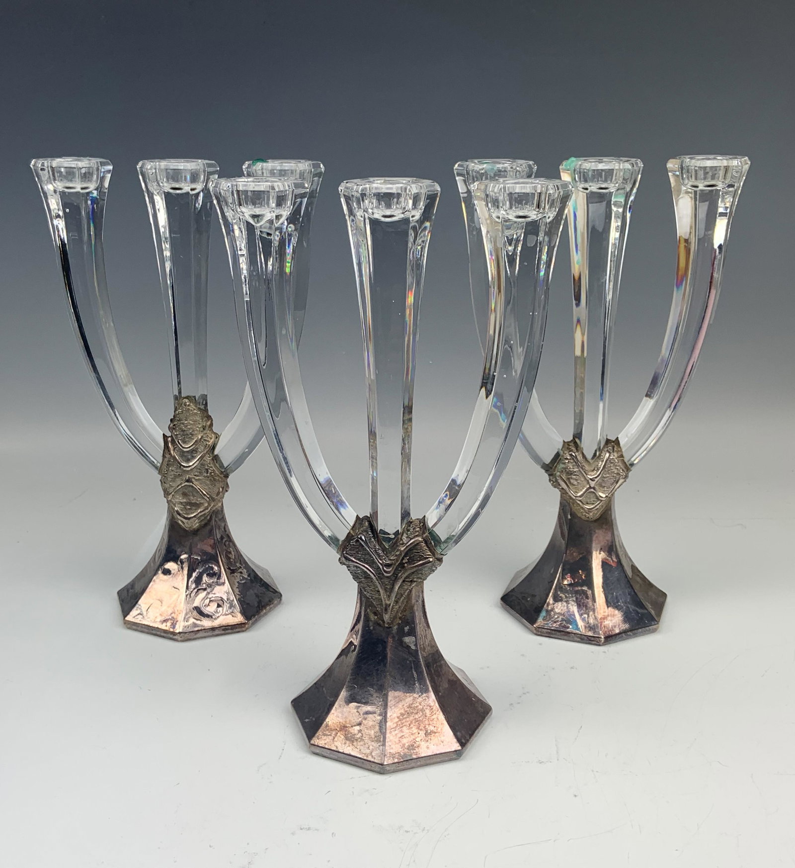 3 Domar Sterling 925 Overlay Glass Candleholders: Handsomely crafted articles of mixed media of Middle Eastern origin craftsmanship. Each features 3 hexagonally shaped tapered glass arms that are secured at the central stem area, each with a differen