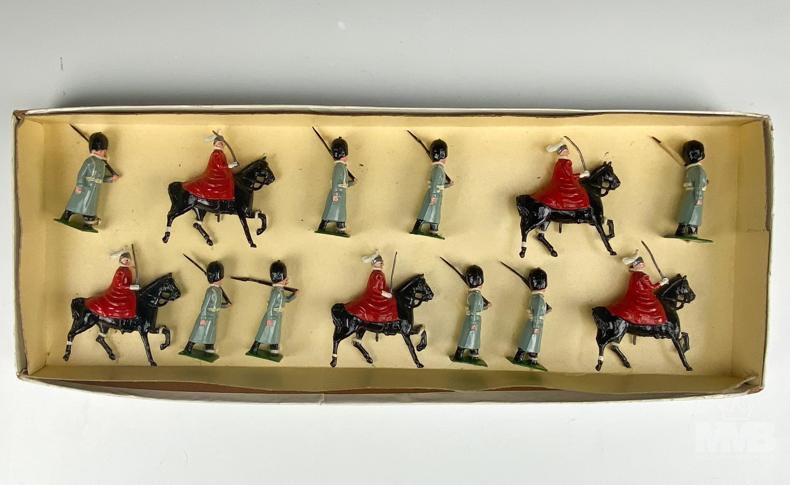 Metal Toy Soldier Grenadier Guards w Swing Arm Set: Metal Toy Soldier Grenadier Guards with Swing Arm. Post War. Set includes 8 Piece Grenadier Guards and 5 Grenadier Calvary Officers on Horseback. Made in 1954-56. All toy soldiers have a swing arm. Gr
