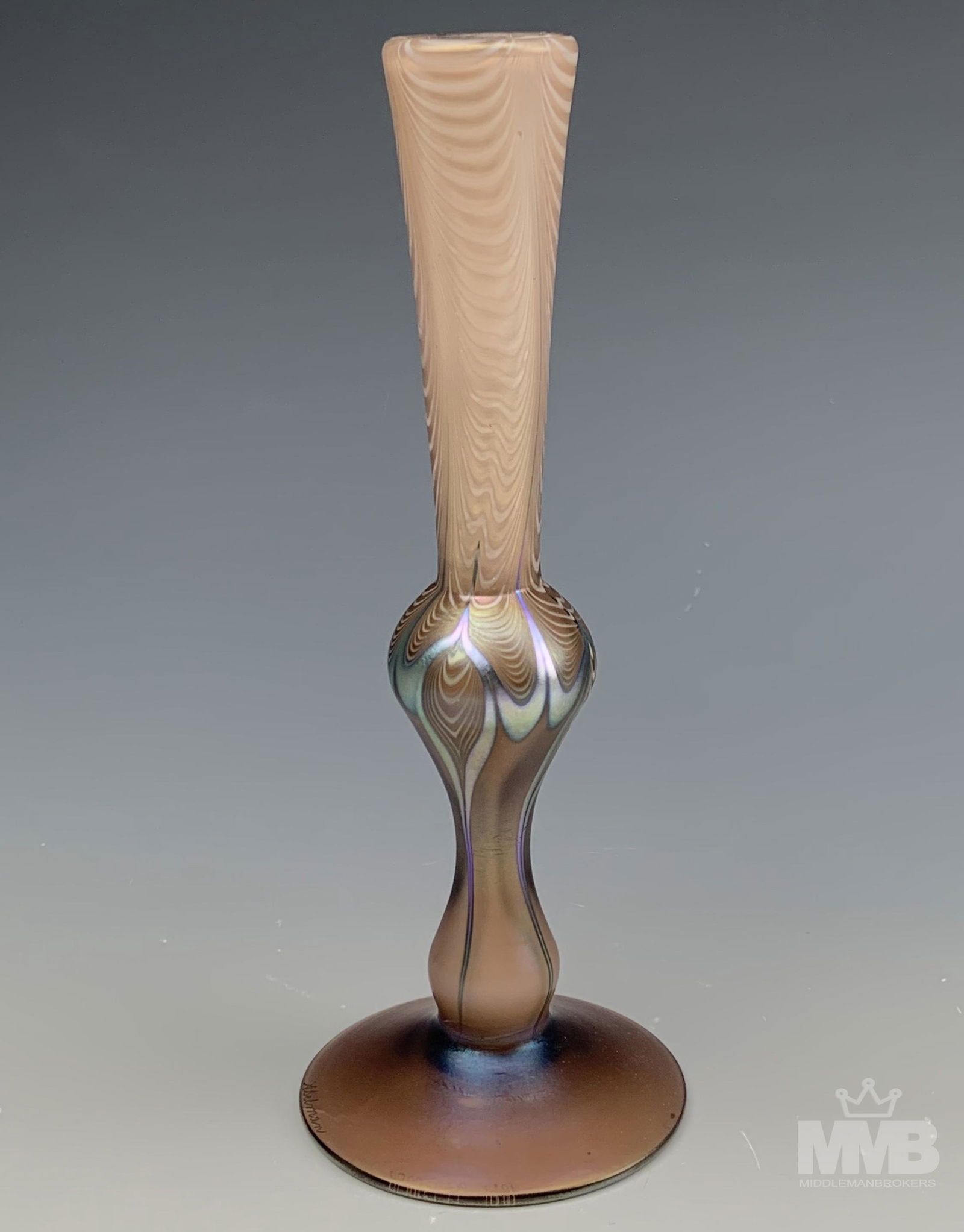 Iridescent Pulled Feather Cased Art Glass Bud Vase (1 of 4)