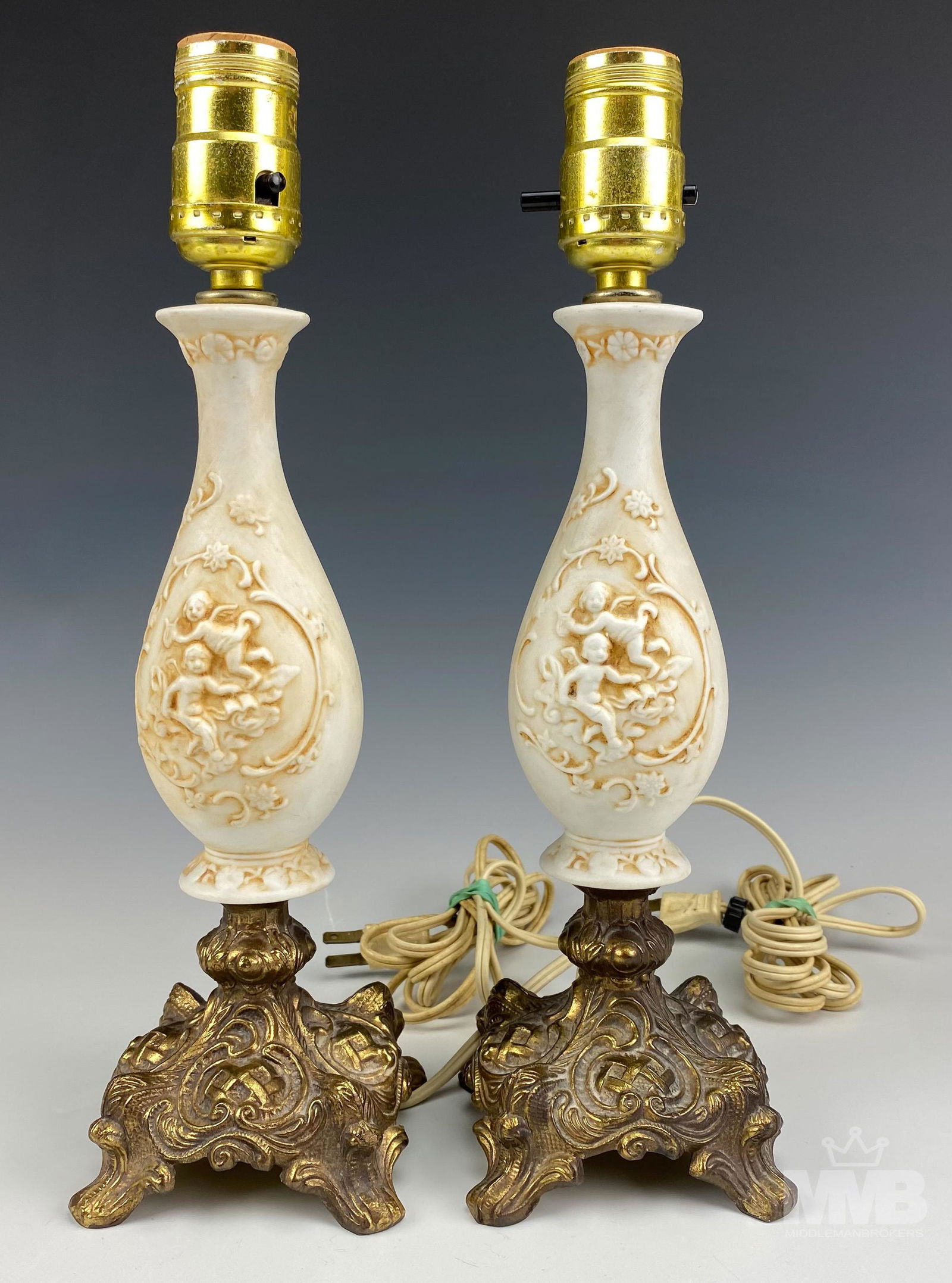 Porcelain Cherub Lamps w Gilded Spelter Metal Base (1 of 8)