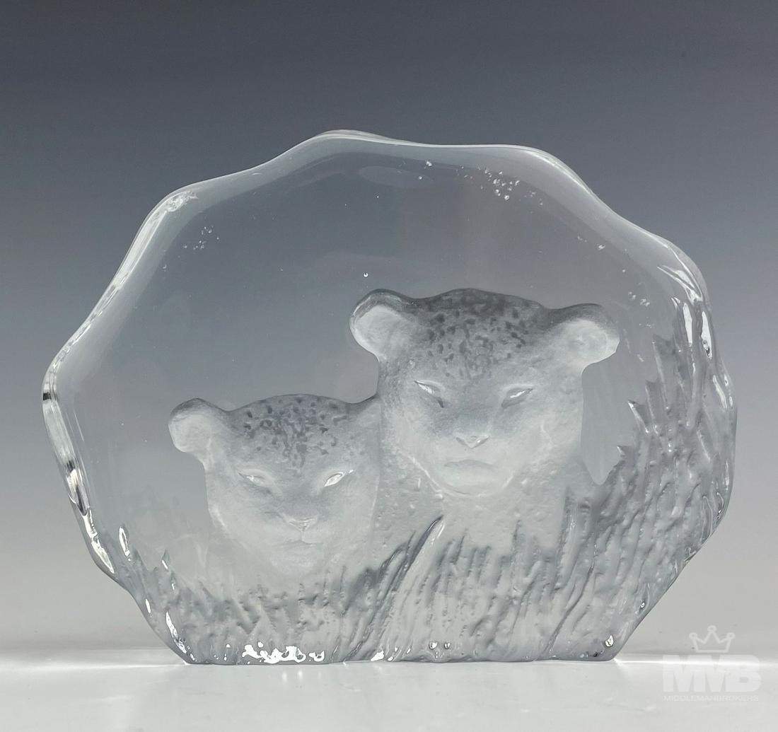 Mats Jonasson Crystal Leopards Art Glass Sculpture: Mats Jonasson Crystal Leopard Cubs Art Glass Sculpture. Original wild cat image of two leopard cubs is engraved into a flawless piece of Swedish crystal to create a three-dimensional piece. Made in Sw