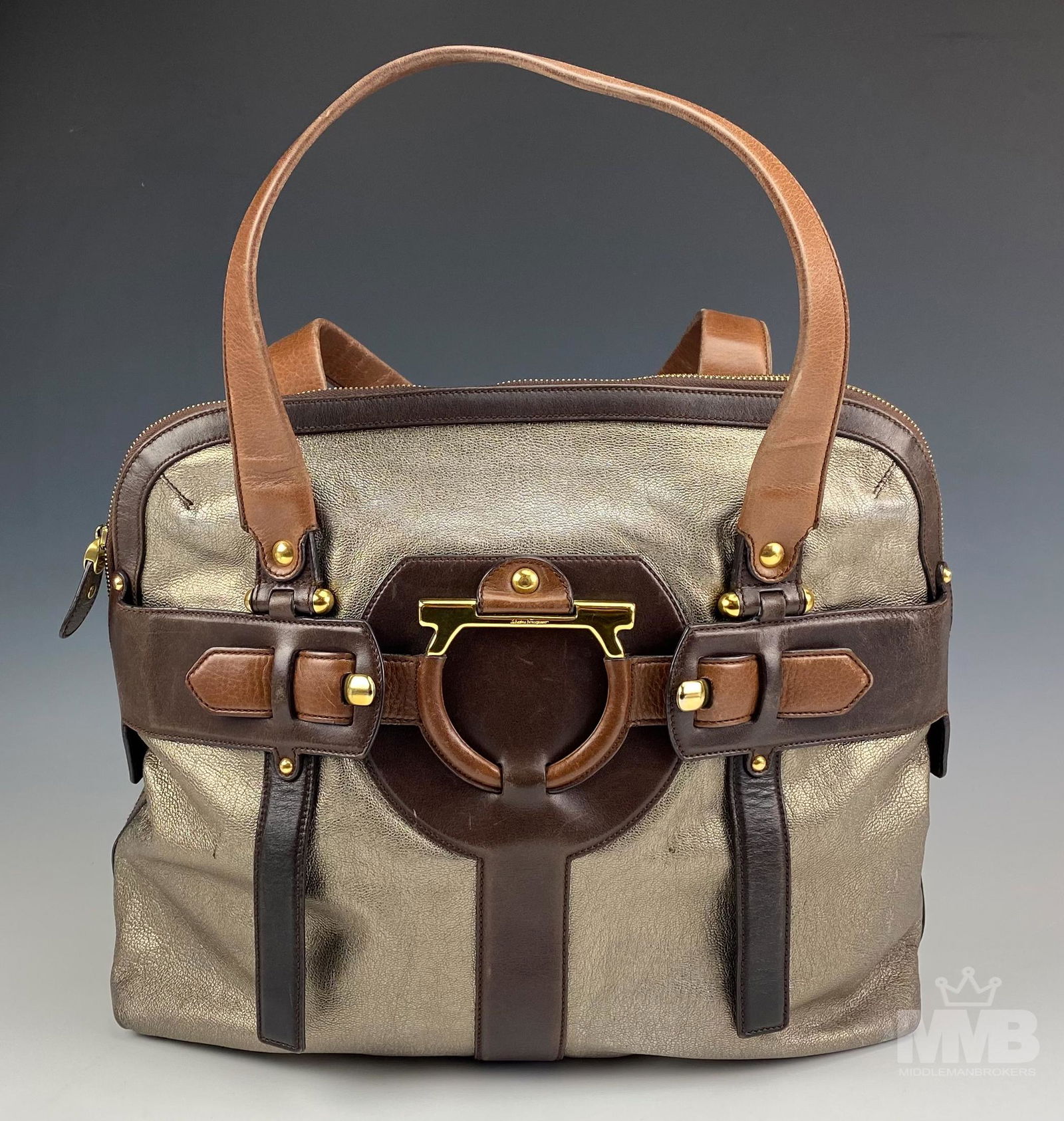 Salvatore Ferragamo Gold Pebble Leather Tote Bag (1 of 10)