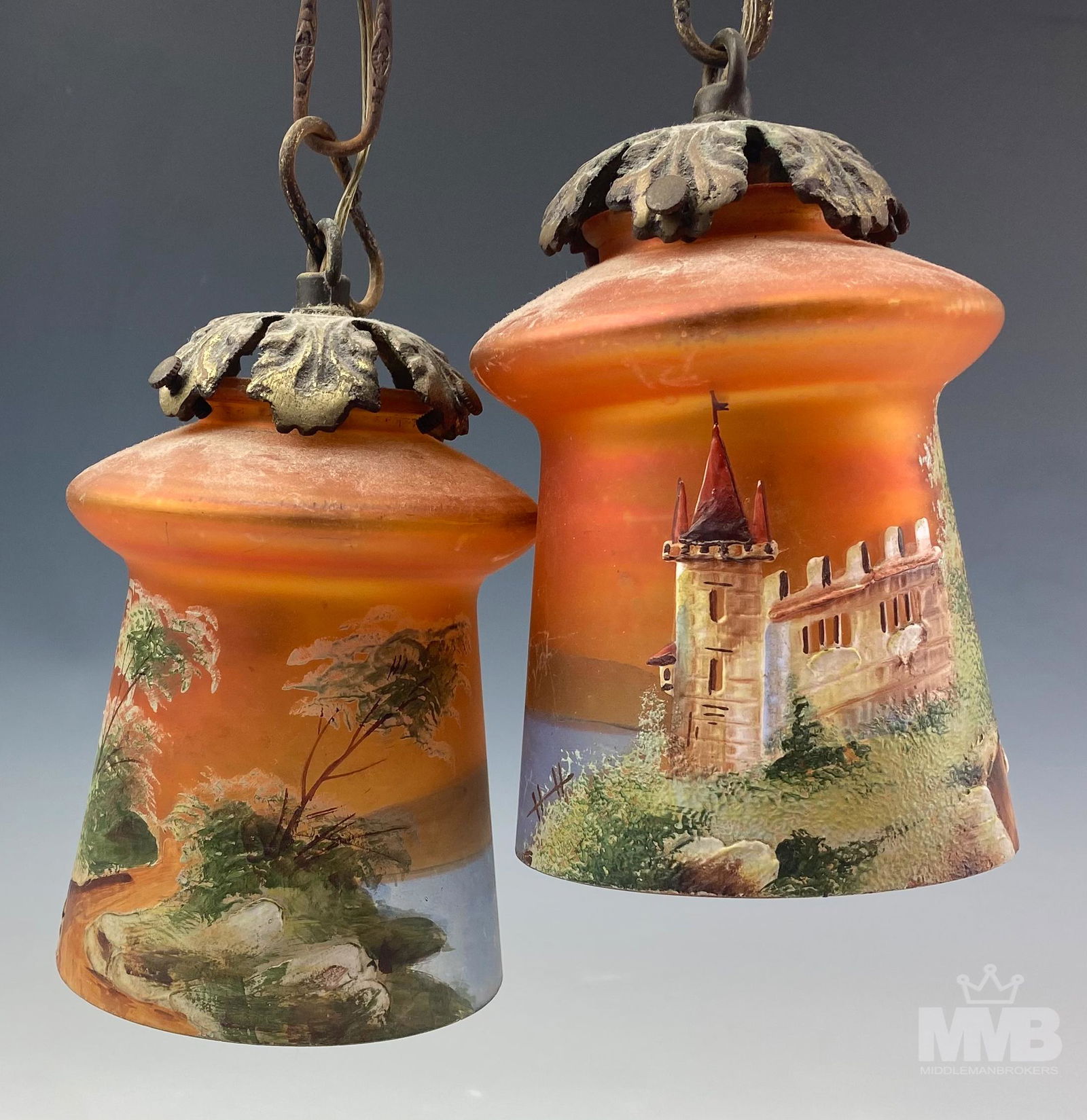 2 Shade Painted Art Glass Hanging Lamp Chandelier (1 of 6)