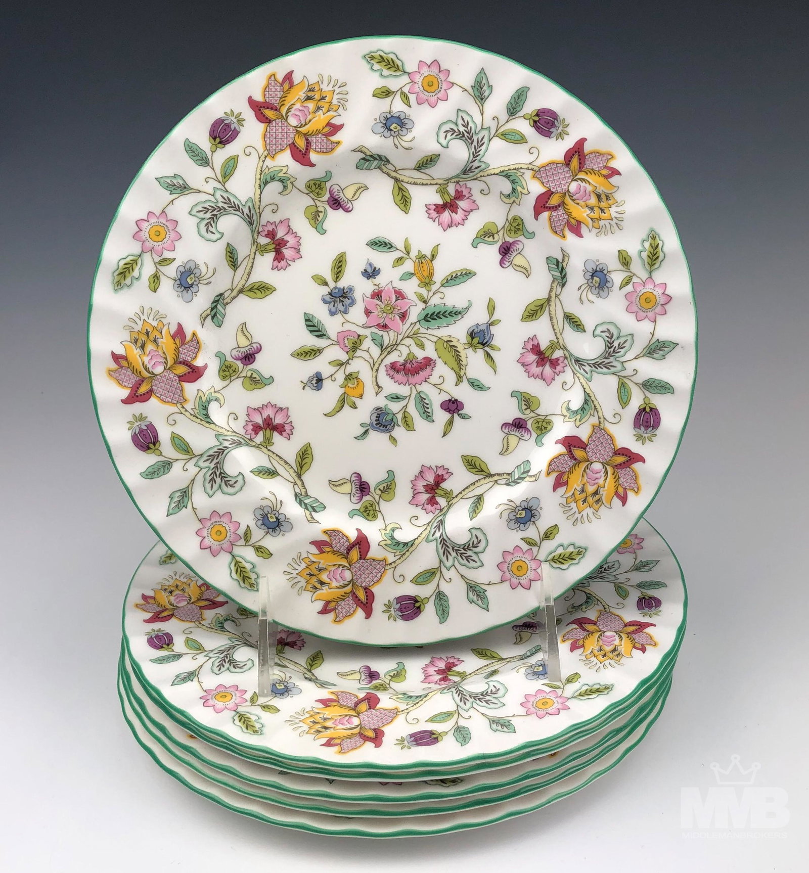 6 Haddon Hall by Minton Salad Plates Bone China: Six - Minton Haddon Hall Salad Plates. Pattern number B-1451. Bone China manufactured by Minton China Company. Made in England. In production from 1948-2011. Discontinued. Green trim, white background
