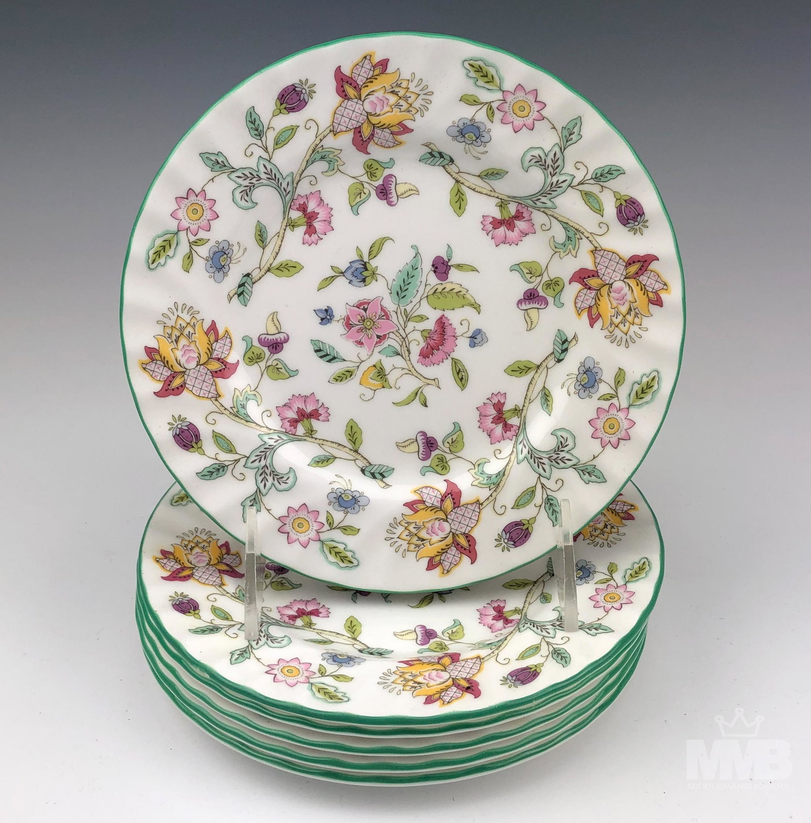 6 Hadden Hall by Minton Bread & Butter Plates Bone: Six - Minton Haddon Hall Bread & Butter Plates. Pattern number B-1451. Bone China manufactured by Minton China Company. Made in England. In production from 1948-2011. Discontinued. Green trim, white b