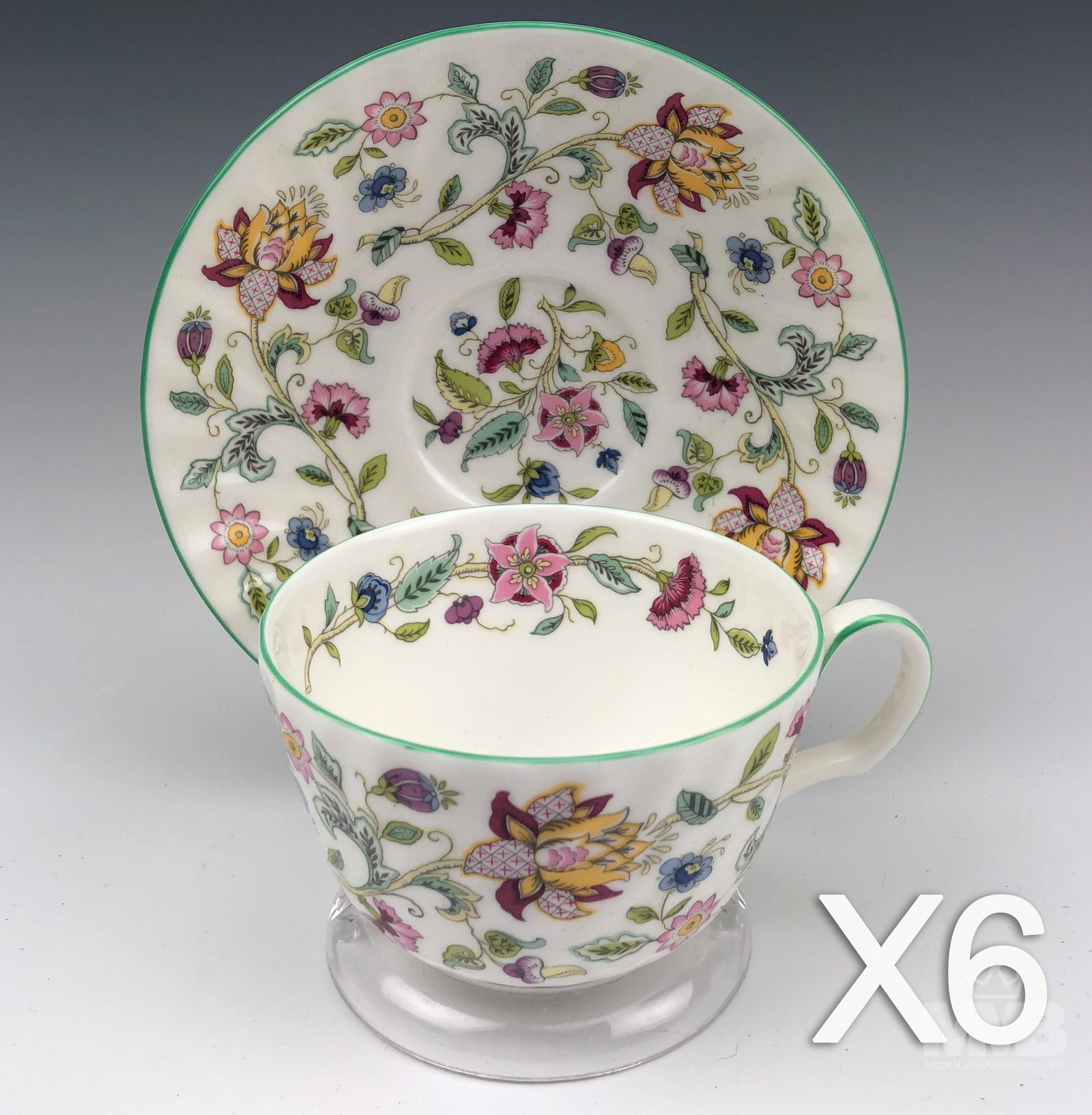 6 Minton Haddon Hall Flat Cup & Saucer Sets China: Six - Minton Haddon Hall Flat Cup & Saucer Sets. Pattern number B-1451. Bone China manufactured by Minton China Company. Made in England. In production from 1948-2011. Discontinued. 6 flat cups and 6 